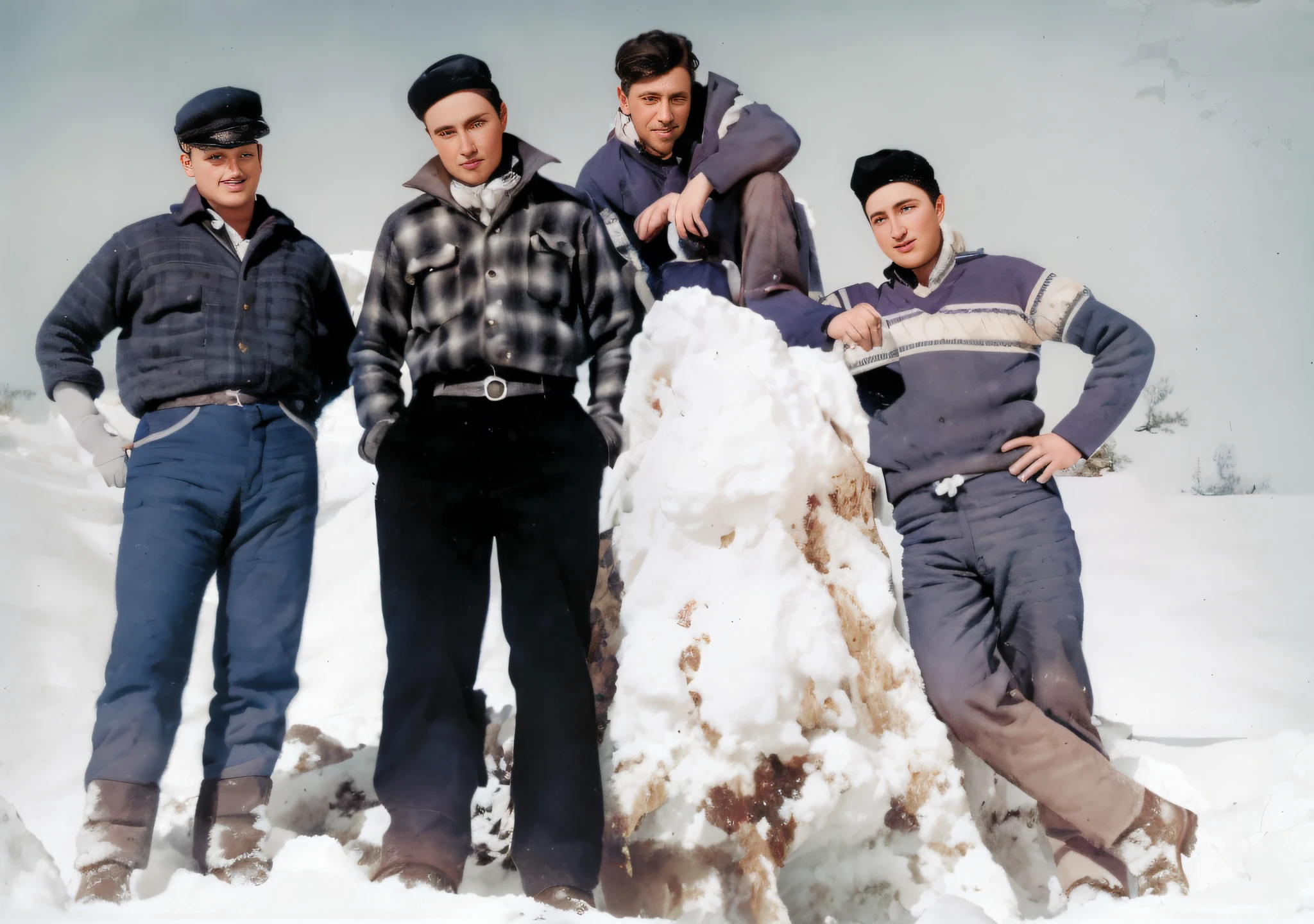 Three men standing and one sitting on a mound of snow in the snow, Full colored photo, Award-winning colored photo, colored, Vintage color photo, color photo, cozy, detailed and clear image, in the hair, and in the clothes, full hd clothing detail quality