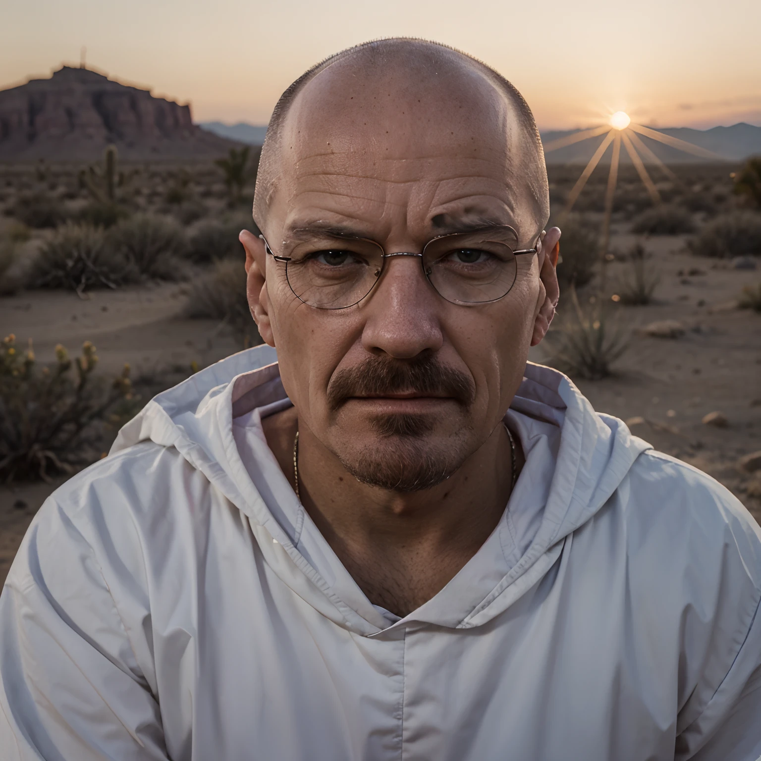 The character Walter White as the leader of a religious sect  ,employs 32 thousand people in the best quality,Super Detailed Portrait of Character Walter White ,detailized face,White Chiton,Red Himation,bald ,Kitten in hands ,Super-Detotilized Hands ,Desert island background ,Sundown,spectacular lighting,Deep chiaroscuro,eye shadow,16 k,30mm lens,1/250s,f/2.8,iso 100,higly detailed,