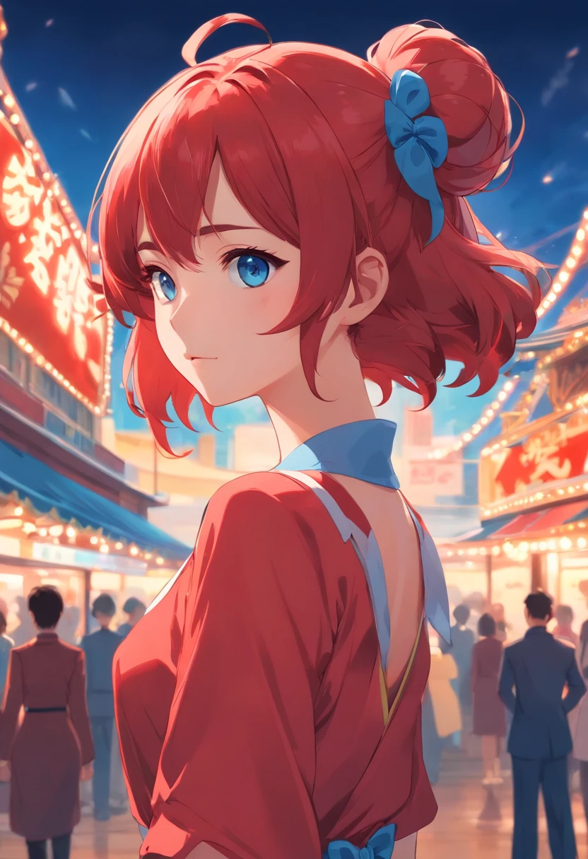 Ambiente del asombroso circo digital con una chica de cabello rojo rizado, un vestido azul largo con mangas cortas, a blue bun in her hair and a button eye like a doll's