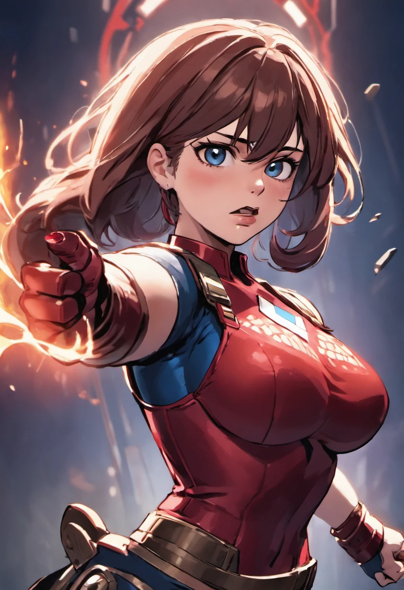 (masterpiece), (Highest quality), (High resolution), Big breasts,, ((leotard, white and red leotard, matching leotard, No sleeve, barefoot)), ((Tight belt, Gold Belt)), ((boots, matching boots, ankle-high boots, white boots)), ((gloves, white gloves)), Urban Background, tokyo Urban Background, alone, alone focus, dynamicなファイティングポーズ, (whole body), Cowboy Shot, Superhero, ((Beautiful attention to detail)), ((Gold star symbol on chest)), (Brown Hair, Long Hair,Green Eyes),(Perfect hands, Perfect Anatomy), Superhero, ((Beautiful attention to detail)), whole body costume design. Energy ball in hand.Sweat,dynamic,dynamic,big breast,very big breast,During the game,Battle Scenes,Dark atmosphere,scar,Unreal Engine 5 Photorealistic Rendering，Game Characters, Role Player,Pretty face,Body Hyper Reality，Thick muscles，Moisturized and radiant body, 