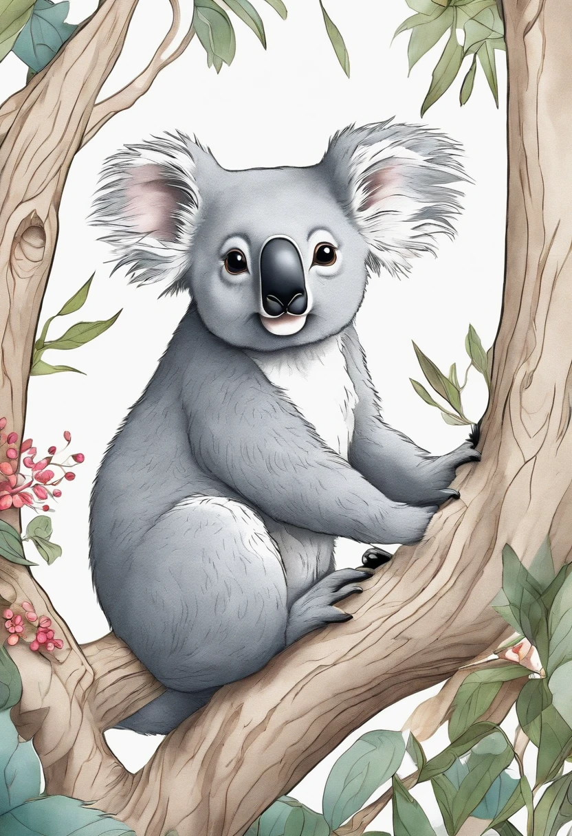 Libro para colorear koala en el bosque, Estilo de dibujos animados, dense lines, color no, fondo blanco , Solo trazo