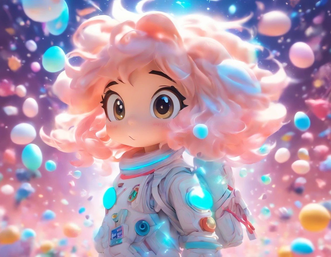 Chibi Japanese girl photographer, eggshell, space, pop mart IP design, Pastel color, 3D rendering, normal diffuse gradient background, high quality, realistic --niji 5