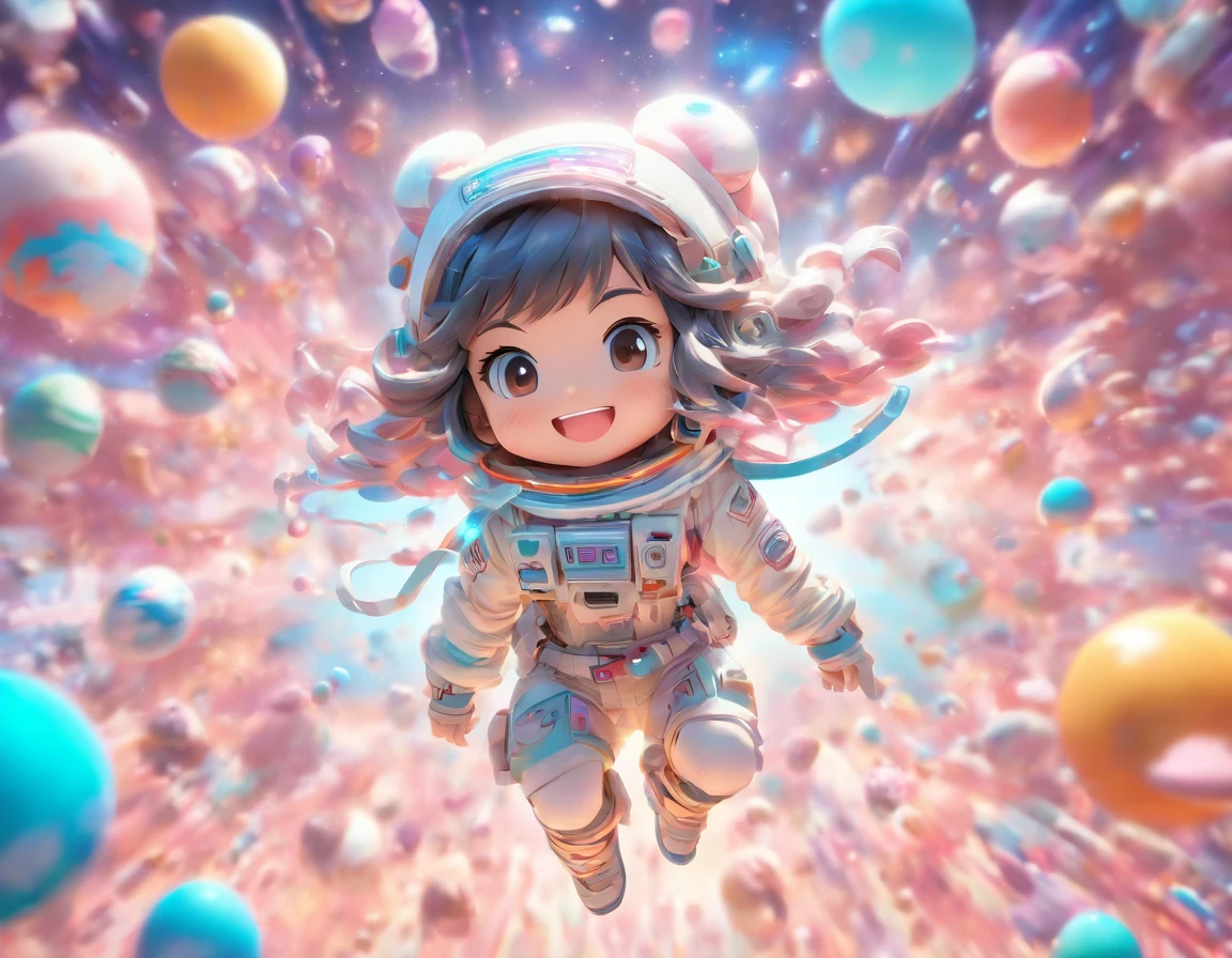Chibi Japanese girl photographer, eggshell, space, pop mart IP design, Pastel color, 3D rendering, normal diffuse gradient background, high quality, realistic --niji 5