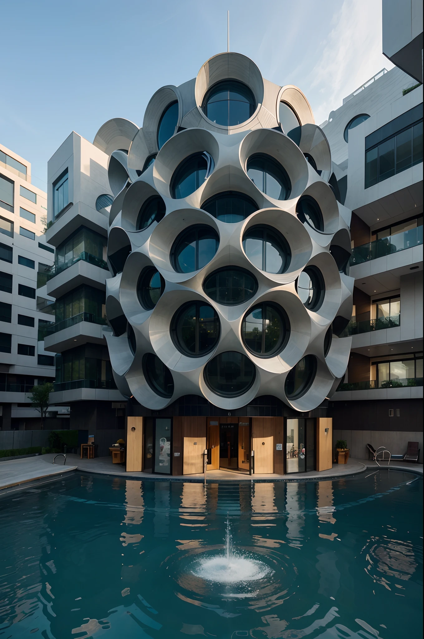 Arafed Building with a circular design on the outside of it, Architecture arrondie, par Zha Shibiao, Architecture organique, Architecture unique!, inspired by Zha Shibiao, Parametric architecture, Art architectural futuriste, Realistic architecture, High quality architectural art, Detailed futuristic architecture, Architecture unique, Architecture sculpted for a titan, Architecture FUTURISTE, Architecture future toute