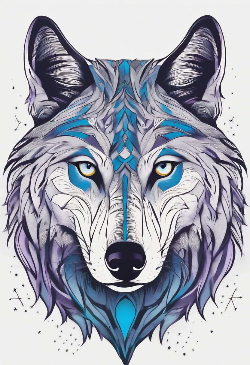 Uma logo, Made in a style like handmade drawing, usar as cores roxo, azul escuro, azul ciano e contorno simples de linha branca. The logo is a simple drawing of a wolf on top of a mountain, With your head up looking at three stars in the sky. Angle the image as if the camera were viewing the scene from a position just below, giving the impression that the wolf is a little above the observer, but not too far away. Position the wolf in such a way that its torso is facing the observer and its head in perspective looking up at the stars above