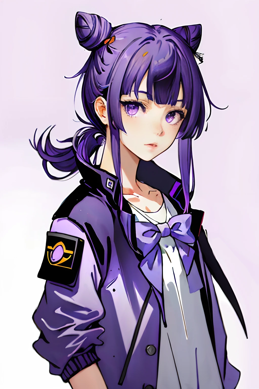 Paint_Style,1girll, Solo, view the viewer, bangs, Simple background, bow, Closed mouth, Purple eyes, 鎖骨, Jacket, Upper body, Purple hair, Hair accessories hair bye, side locks, multicolored hair, Blunt bangs, hair-bun, Lips, eyeslashes, double bun hair, Portrait, freckle, Purple background, Realistic, nase, purple jacket