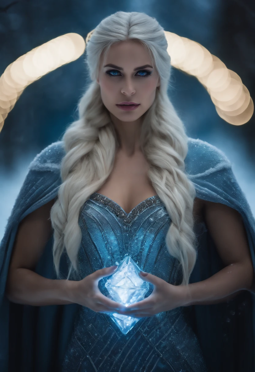 Closeup photograph, (best quality,highres,masterpiece:1.2),ultra-detailed,realistic:1.37,sexy girl with superpowers, stunning blue eyes, long icy blonde hair, fierce expression, icy breath, frost patterns on skin, Hypermuscular, huge breasts, shimmering frost aura, cool blue lighting, dark and mysterious background, intense stare, captivating beauty, icy blue nails, frozen environment, powerful and confident posture, superheroine, frozen shards floating in the air, dynamic movement, frosty makeup, cold and chilling atmosphere, seductive charm, dangerous and alluring, icy cold powers, frosty touch, the embodiment of winter, chilly embrace, enchanting presence.street at night, photorealistic, cinematic lighting