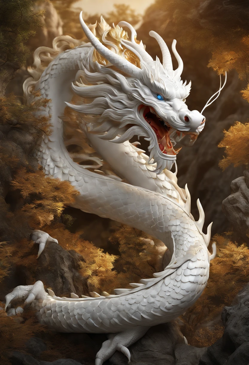 "Very good 3D rendering of the white Chinese dragon,Dynamic Representation, Vivid Effects and Details,Calidad de imagen superior,A high resolution,Plethora of colors, Lots of coins, tesoro"