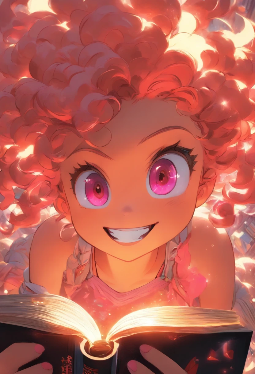 Bird eye view, 1 girl, Pink curly hair, Grin, red eyes, Black top, pointed ears, accessories in hair,Holding book, pale skin
