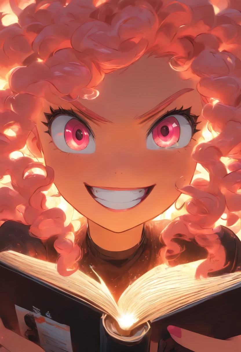 Bird eye view, 1 girl, Pink curly hair, Grin, red eyes, Black top, pointed ears, accessories in hair,Holding book, pale skin