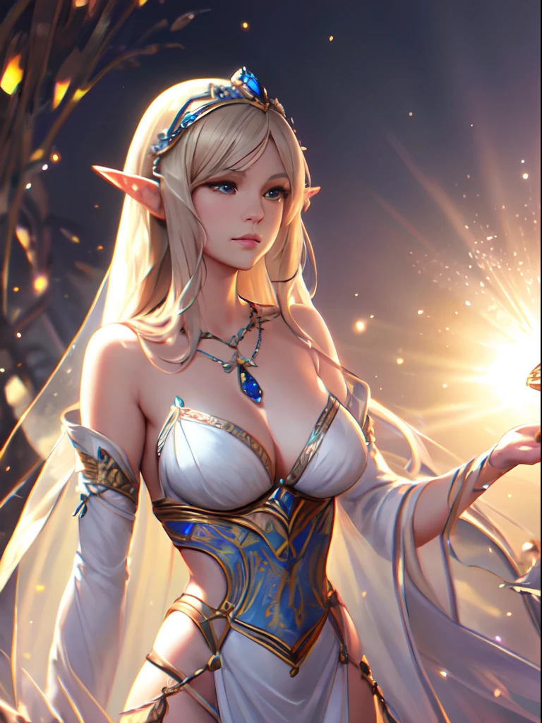waist shot of a female elf, intricate, slender face, elegant, wearing sapphire necklace, white light dress with straps, facing camera, highly detailed, digital painting, artstation, concept art, smooth, sharp focus, illustration, art by artgerm and greg rutkowski and alphonse mucha, 8k, volumetric fog, bloom, light rays, lumen, cranked bokeh