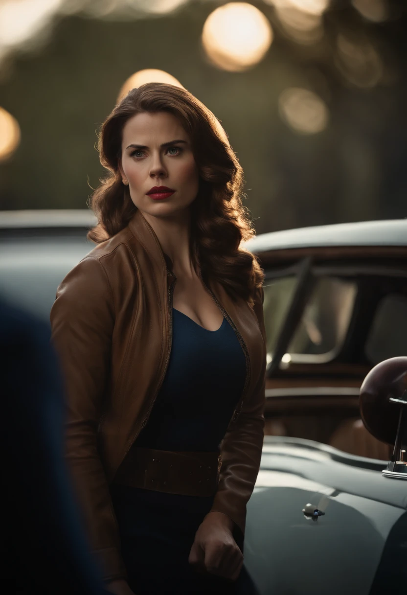 Haley Atwell (Captain Carter), dynamic pose, dynamic background, Iconic Shield, intense eyes, strong jawline, determined expression, vibrant colors, cinematic lighting,(best quality,4k,highres:1.2),ultra-detailed,realistic,physically-based rendering,sharp focus,portraits,(concept artists:1.1)