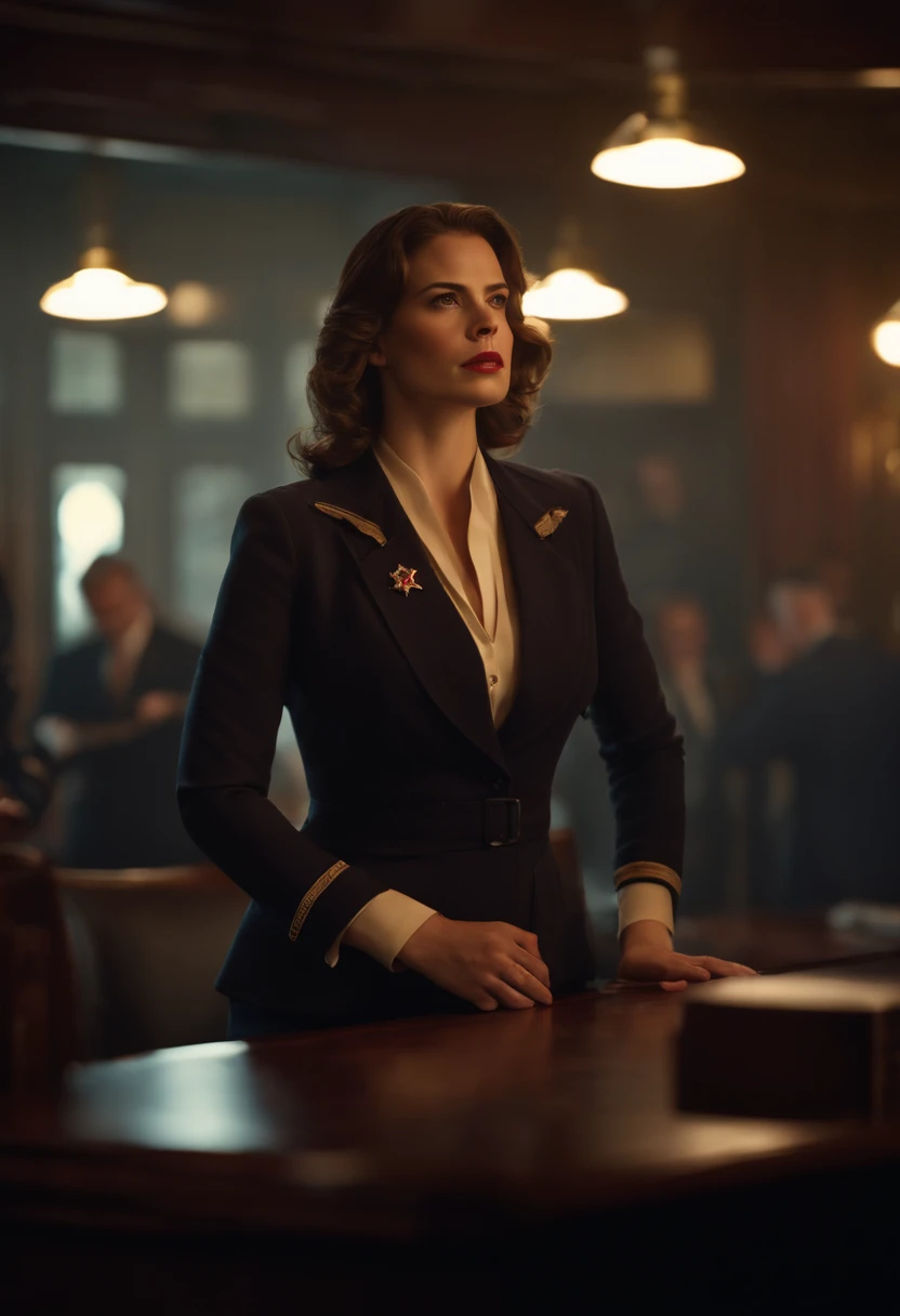 Haley Atwell (Captain Carter), dynamic pose, dynamic background, Iconic Shield, intense eyes, strong jawline, determined expression, vibrant colors, cinematic lighting,(best quality,4k,highres:1.2),ultra-detailed,realistic,physically-based rendering,sharp focus,portraits,(concept artists:1.1)