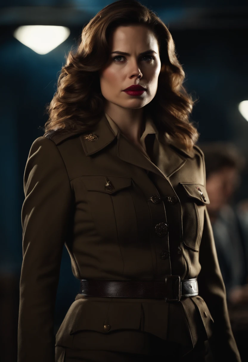 Haley Atwell (Captain Carter), dynamic pose, dynamic background, Iconic Shield, intense eyes, strong jawline, determined expression, vibrant colors, cinematic lighting,(best quality,4k,highres:1.2),ultra-detailed,realistic,physically-based rendering,sharp focus,portraits,(concept artists:1.1)