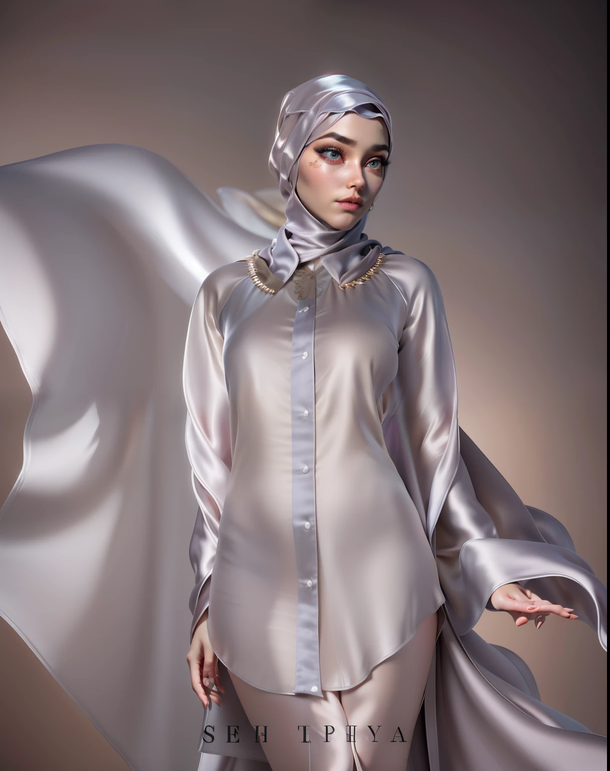 3DMM, ((Masterpiece, best quality, photography, detailed skin, realistic, photo-realistic, 8k, highly detailed, full length frame, High detail RAW color art, diffused soft lighting, shallow depth of field, sharp focus, hyperrealism, cinematic lighting, hijab, a woman in a beautifully makeup, eyeshadow, beautiful big eyes, long eye lashes, wearing (Gray satin hijab), loosely tide hijab style, ((Taupe satin kaftan)),