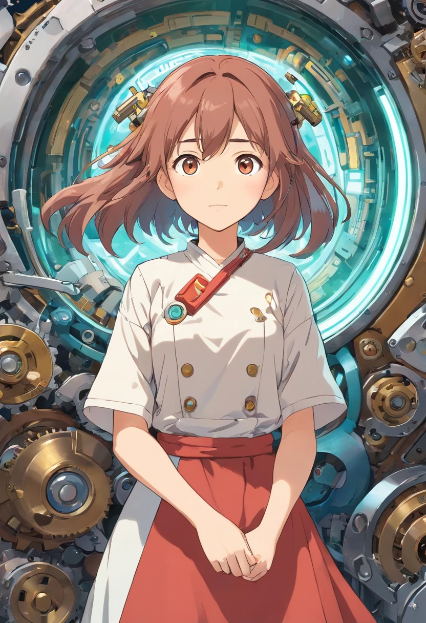 (etiqueta,),(Menina ciborgue do anime 3D),cabelos coloridos brilhantes,((Inside the mechanical body)),esguio.Exalar poder, grace, There's also a touch of mystery.(in circle), (fundo branco), (Borda dourada)，simples, ultra detalhado, desenho detalhado, vetorizado, 8k, design de adesivo profissional, DESIGN PLANO, linhas vetoriais, etiqueta, Full-HD