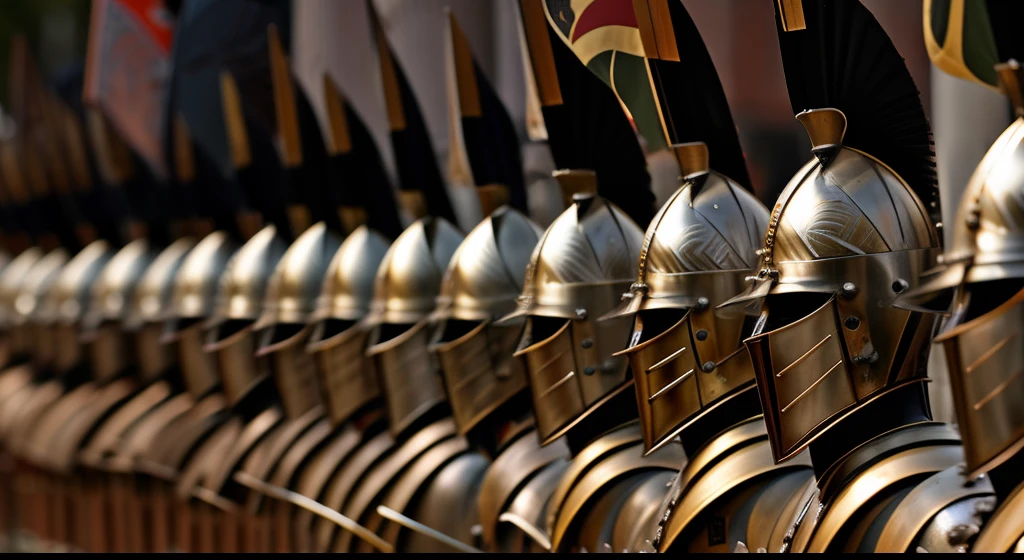 Close-up of a row of helmets with several spears, Lead Sparta into battle, Dressed in frugal armor, Complex guards, Greek armor, Decorated armor of ancient Greece, Bronze Greek armor, traditional roman armor, Trojan War, Gladiator Armor, In thick full bronze armor, by Matt Stewart, dressed in roman armour, by Kristian Kreković, greek