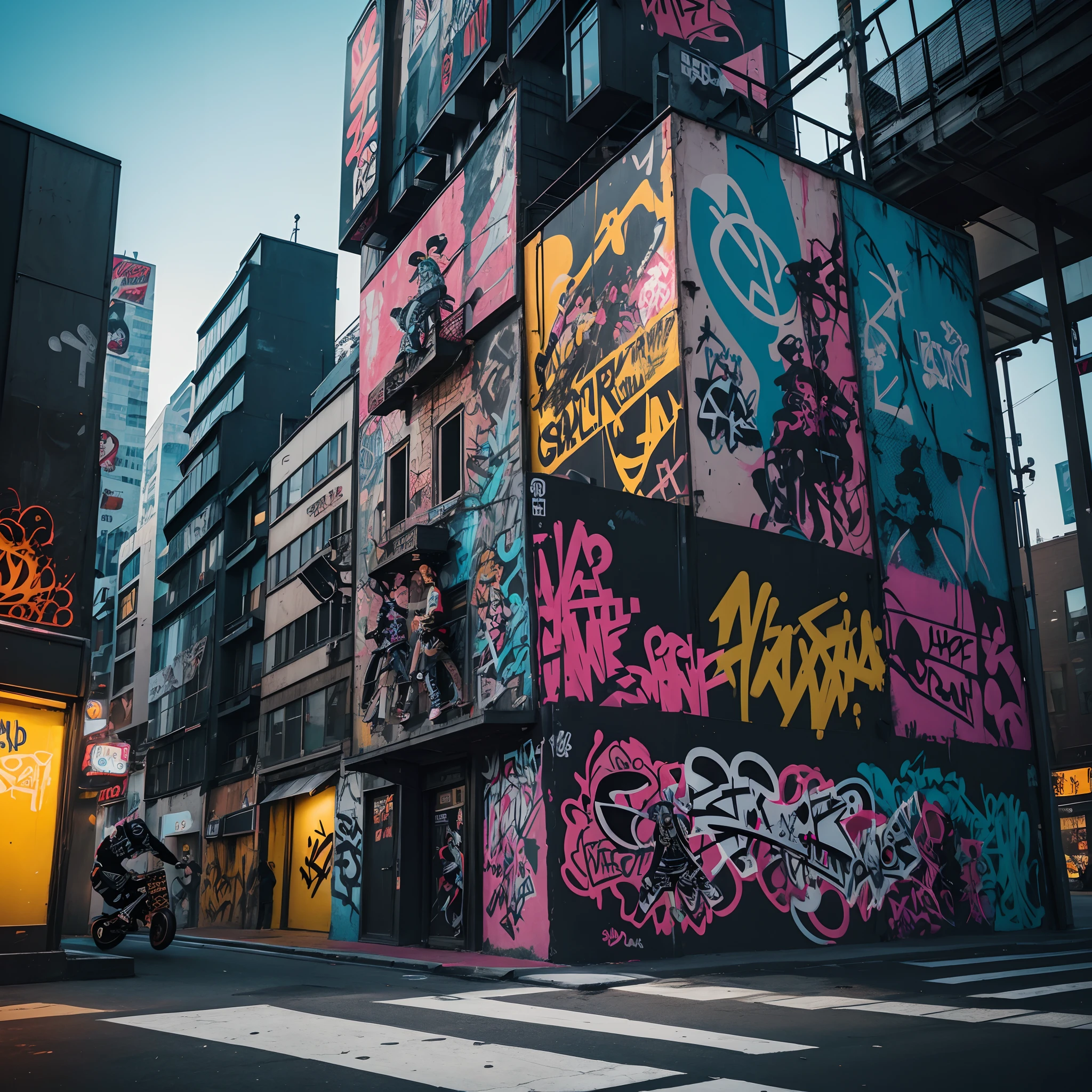 (best quality,highres),(streetwear,urban,graffiti) illustrations,edgy designs,creative artwork,vibrant colors,modern patterns,stylish silhouettes,detailed textures,abstract elements,unique compositions,intricate linework,playful characters,fashion-forward aesthetics,hip-hop influences,bold typography,original graphics,urban landscapes,expressive brushstrokes,striking contrasts,gritty street scenes,graffiti tags,urban culture references,skateboarders and BMX riders,city skyline,nighttime city lights,bustling crowd,energetic atmosphere,fashion models,confident poses,cool poses,dynamic angles,distinctive street fashion,trendsetting style,asymmetric shapes,mix and match outfits,statement accessories,eye-catching prints,futuristic elements,elevated details,fresh and innovative designs,callback to pop culture,celebration of diversity,empowerment and self-expression