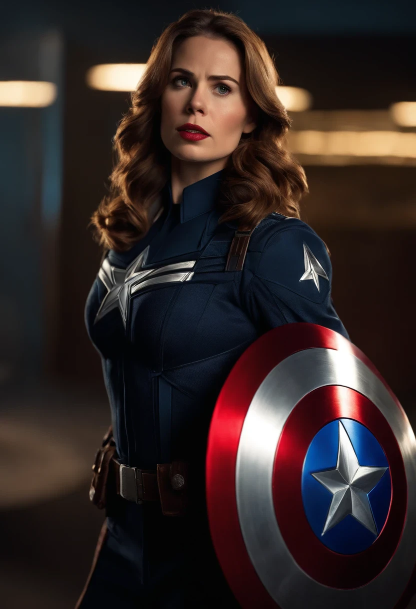 Haley Atwell (Captain Carter X Captain America), dynamic pose, dynamic background, Iconic Shield, intense eyes, strong jawline, determined expression, vibrant colors, cinematic lighting,(best quality,4k,highres:1.2),ultra-detailed,realistic,physically-based rendering,sharp focus,portraits,(concept artists:1.1)