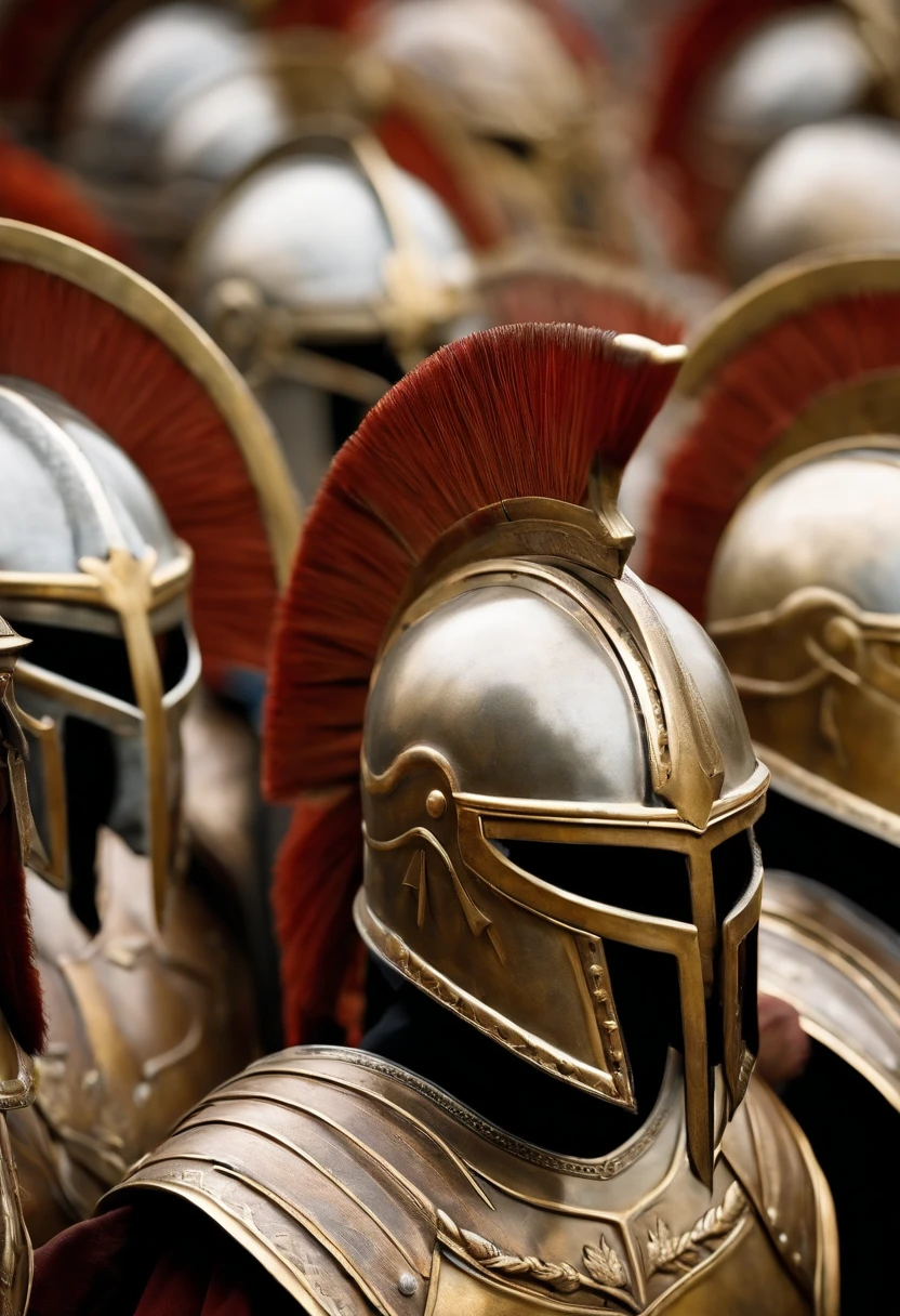 Close-up of a row of helmets with several spears, Lead Sparta into battle, Dressed in frugal armor, Complex guards, Greek armor, Decorated armor of ancient Greece, Bronze Greek armor, traditional roman armor, Trojan War, Gladiator Armor, In thick full bronze armor, by Matt Stewart, dressed in roman armour, by Kristian Kreković, greek