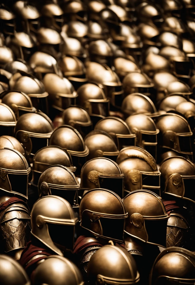 Close-up of a row of helmets with several spears, Lead Sparta into battle, Dressed in frugal armor, Complex guards, Greek armor, Decorated armor of ancient Greece, Bronze Greek armor, traditional roman armor, Trojan War, Gladiator Armor, In thick full bronze armor, by Matt Stewart, dressed in roman armour, by Kristian Kreković, greek