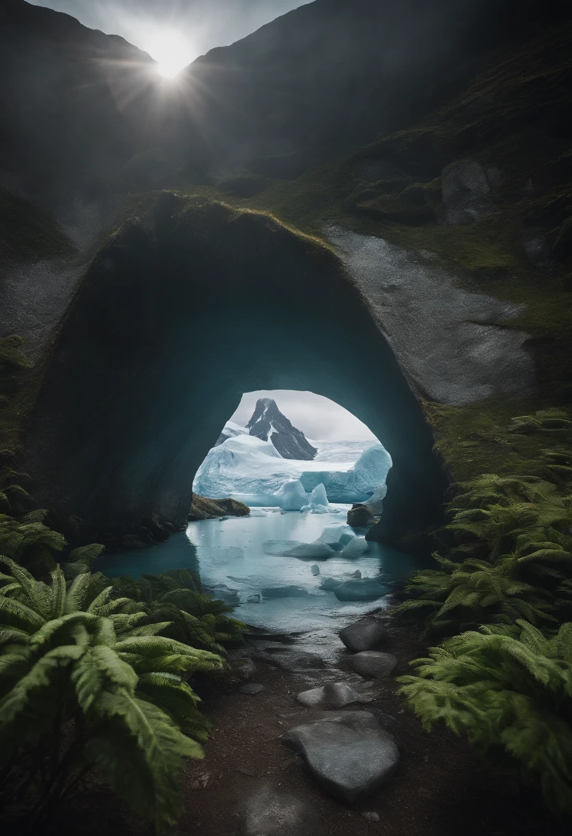 Antarctic continent、a paradise、Huge ice wall、tunnel、Plants、verdant、天空、suns