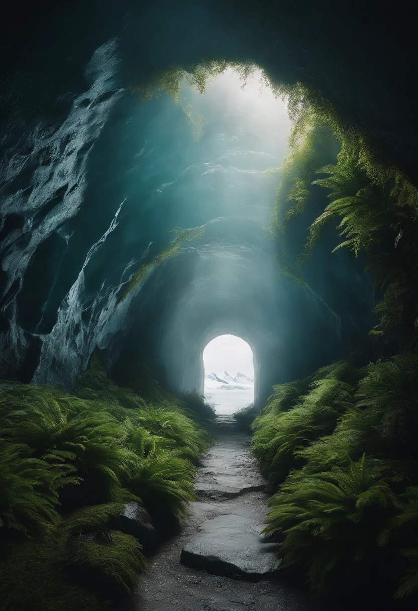 Antarctic continent、a paradise、Huge ice wall、tunnel、Plants、verdant、天空、suns