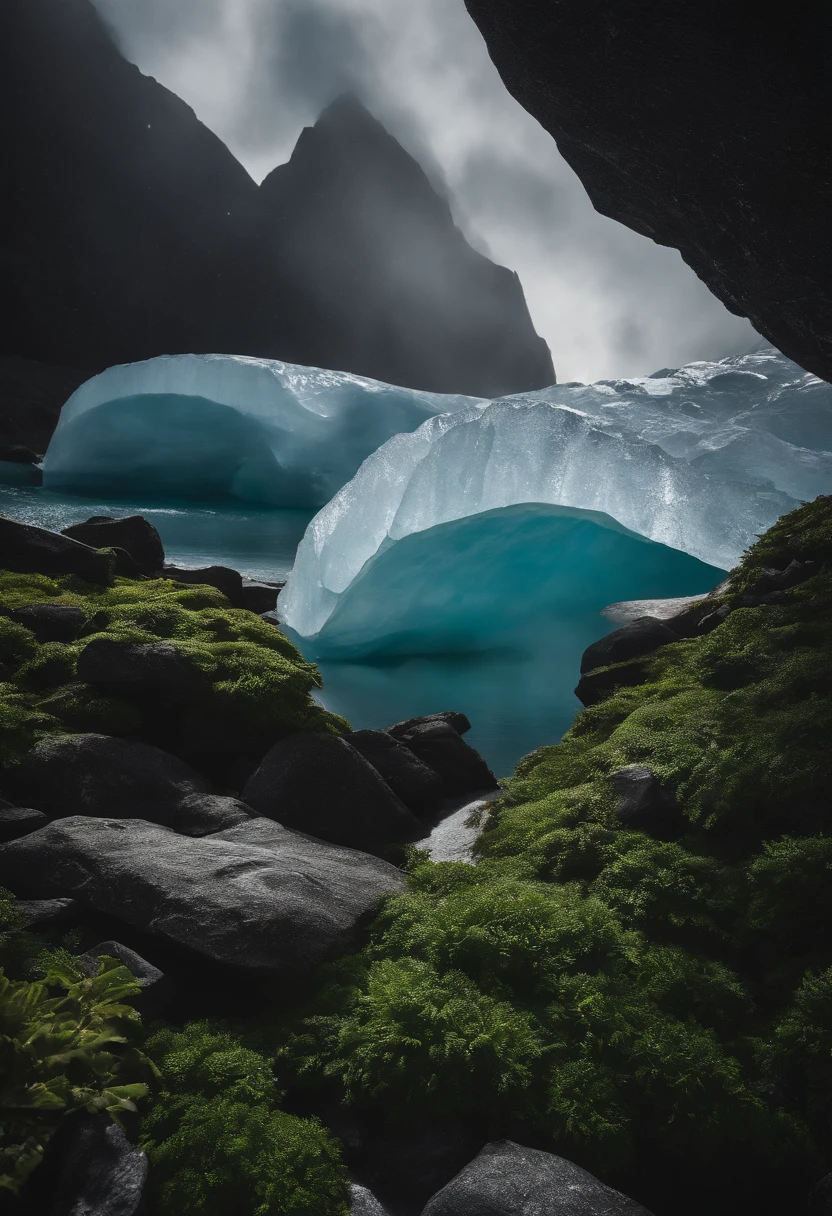 Antarctic continent、a paradise、Huge ice wall、tunnel、Plants、verdant、天空、suns