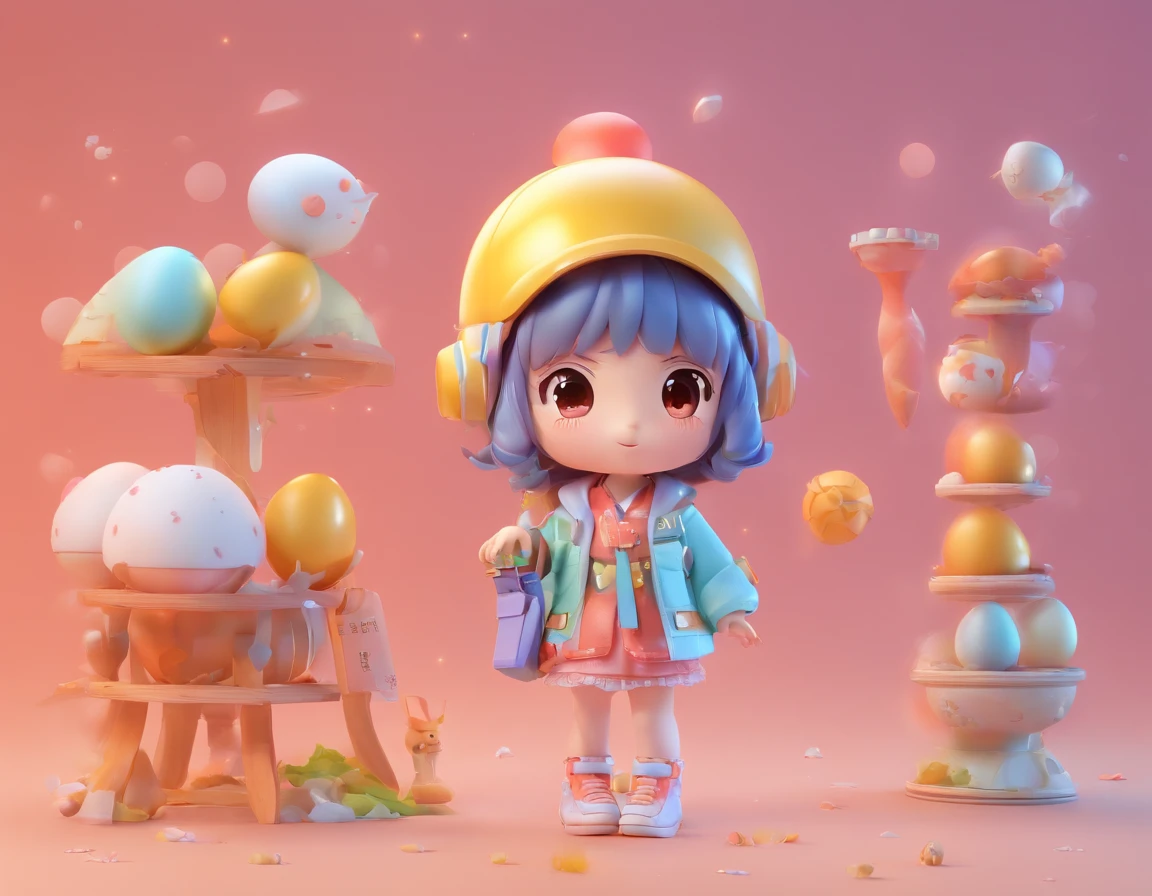 Chibi Japanese girl photographer, eggshell, space, pop mart IP design, Pastel color, 3D rendering, normal diffuse gradient background, high quality, realistic --niji 5