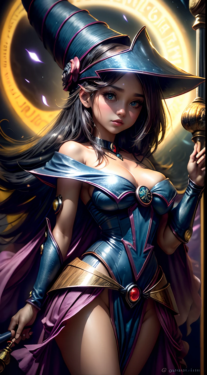 (La mejor calidad,4k,8k,Altas Resoluciones,Obra maestra:1.2),Ultra detallado,(realista,fotorrealista,fotorrealista:1.37), retrato, dark magician gils hechicera, Luz de la luna, kuriboh, Resplandor espeluznante, espeluznante, atmospheric, encantador, Oscuro y encantador, Hora dorada, halloween, mistic, magica, bruja, witchcraft, Fascinante, ethereal, Mystical fog, Misterioso, Obsesionante, Grim figures, Bosque encantador, Hechicero, Moonbeam, Mystical aura, ojos hechizantes, cautivador, de otro mundo, witchcraft, cielo iluminado por la luna, Noche encantada, Guarida de la hechicera, kuriboh embrujada, Silueta iluminada por la luna, mystical powers, Mysterious atmosphere, lanzador de hechizos, Magia a la luz de la luna, inquietantemente hermosa, Encantamiento en el aire, Ethereal Beauty.