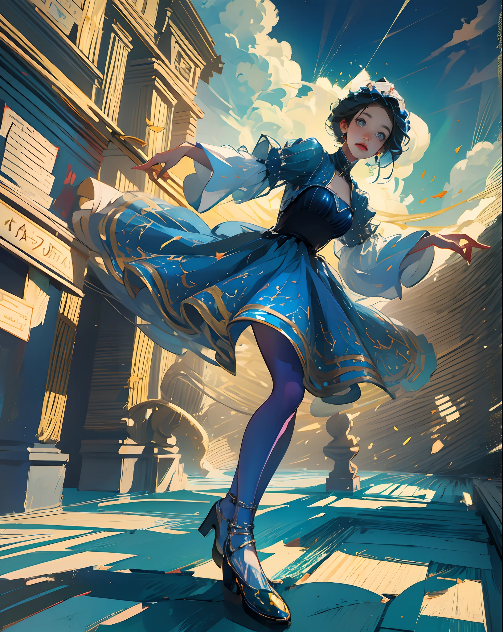 [[Vincent_Van Gogh_Love_2017_Animation_Drama], charming, sweet, beautiful young woman dancing and spinning on the street in Paris, Reality, oil paint, blue sky, detailed masterpiece, sharpness. --auto --s2