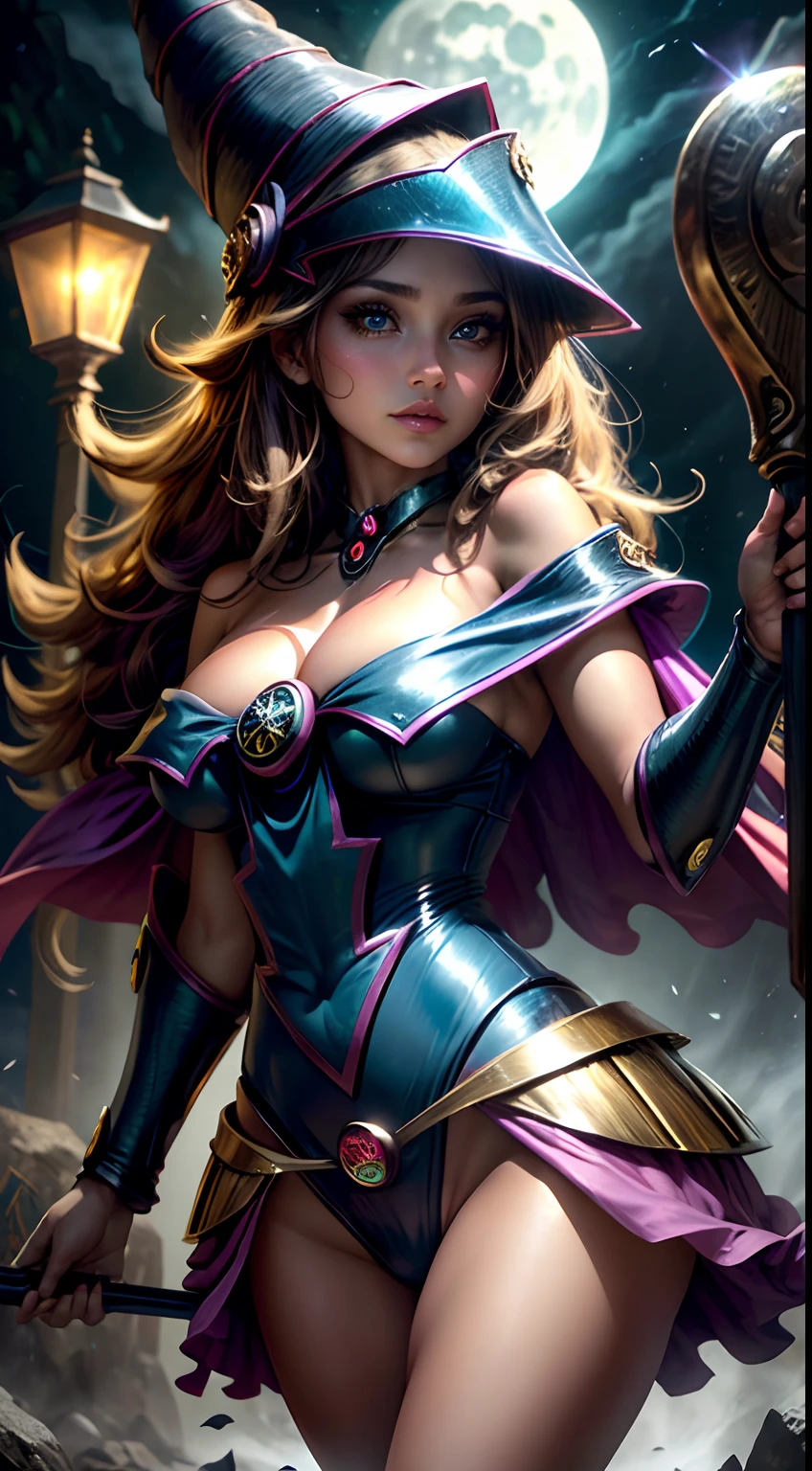 (La mejor calidad,4k,8k,Altas Resoluciones,Obra maestra:1.2),Ultra detallado,(realista,fotorrealista,fotorrealista:1.37), retrato, dark magician gils hechicera, Luz de la luna, kuriboh, Resplandor espeluznante, espeluznante, atmospheric, encantador, Oscuro y encantador, Hora dorada, halloween, mistic, magica, bruja, witchcraft, Fascinante, ethereal, Mystical fog, Misterioso, Obsesionante, Grim figures, Bosque encantador, Hechicero, Moonbeam, Mystical aura, ojos hechizantes, cautivador, de otro mundo, witchcraft, cielo iluminado por la luna, Noche encantada, Guarida de la hechicera, kuriboh embrujada, Silueta iluminada por la luna, mystical powers, Mysterious atmosphere, lanzador de hechizos, Magia a la luz de la luna, inquietantemente hermosa, Encantamiento en el aire, Ethereal Beauty.