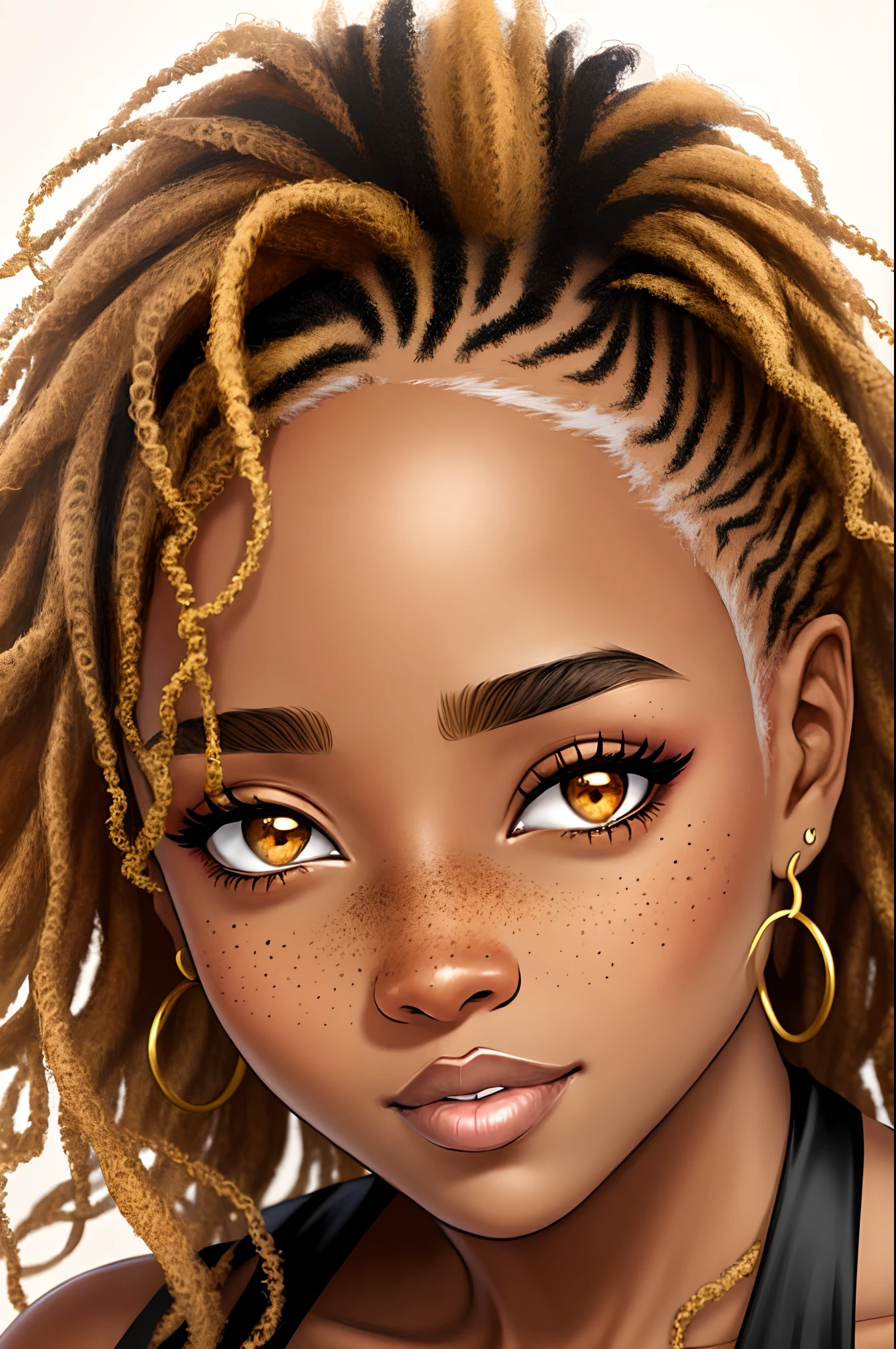 Beautiful light skinned black woman with freckles hazel eyes and blonde curls in comic style