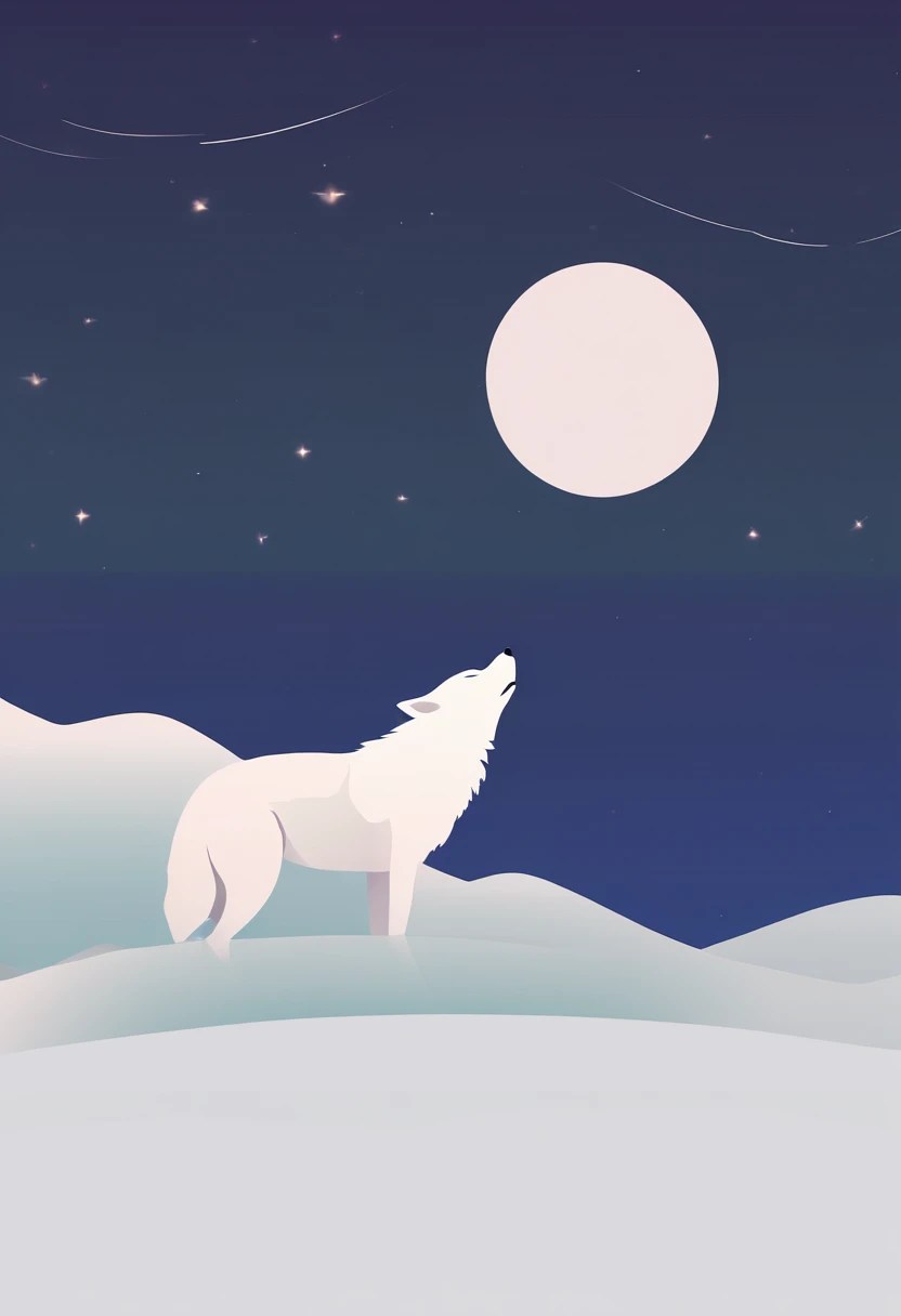 (( Simple logo design with gradient effect)), (vector art), (design minimalista), (gradient effect), Do it in a style like hand-drawn drawing, usar as cores roxo, Azul escuro, azul ciano e contorno simples de linha branca. (The logo is a simple depiction of a wolf on top of a mountain with its head held high looking up at three stars in the sky). Represent the image as if the camera were viewing the scene from a position just below, giving the impression that the wolf is slightly above the observer, but not too far away. Position the wolf in such a way that its torso is facing the observer and its head in perspective looking at the stars above