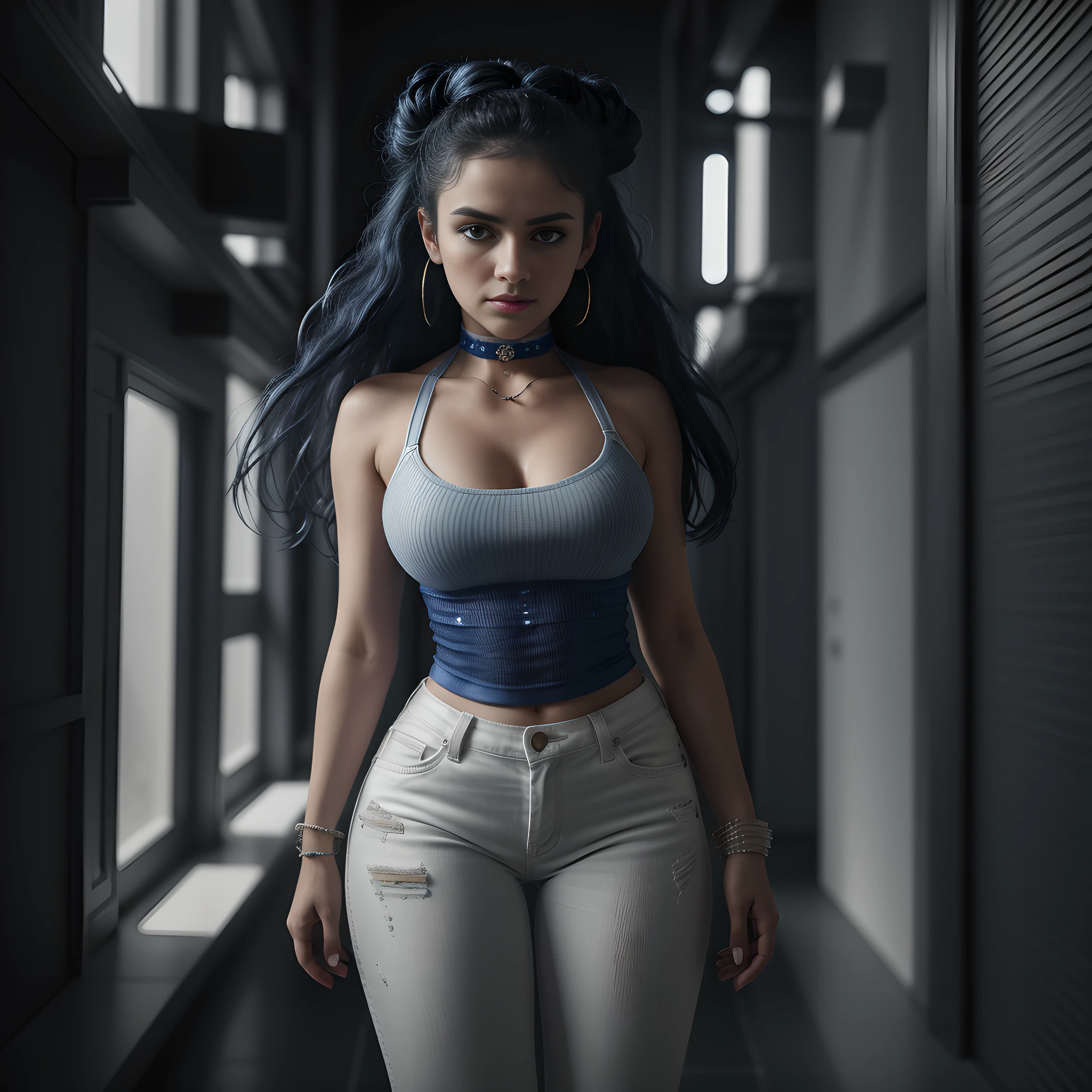 Full body of a Syrian WOMAN, blue curly hair, white crop top, blue torn jeans, big boobs, angry look, looking down at viewer, natural skin texture, 24mm, 4k textures, bright cinematic light, RAW photo, photorealism, photorealistic, intricate, elegant, highly detailed, sharp focus, ((((((cinematic look)))), soft tones, insane details, intricate details, hyperdetailed, low contrast, soft cinematic light, bright colors, exposure mix, hdr, wearing choker, big butt