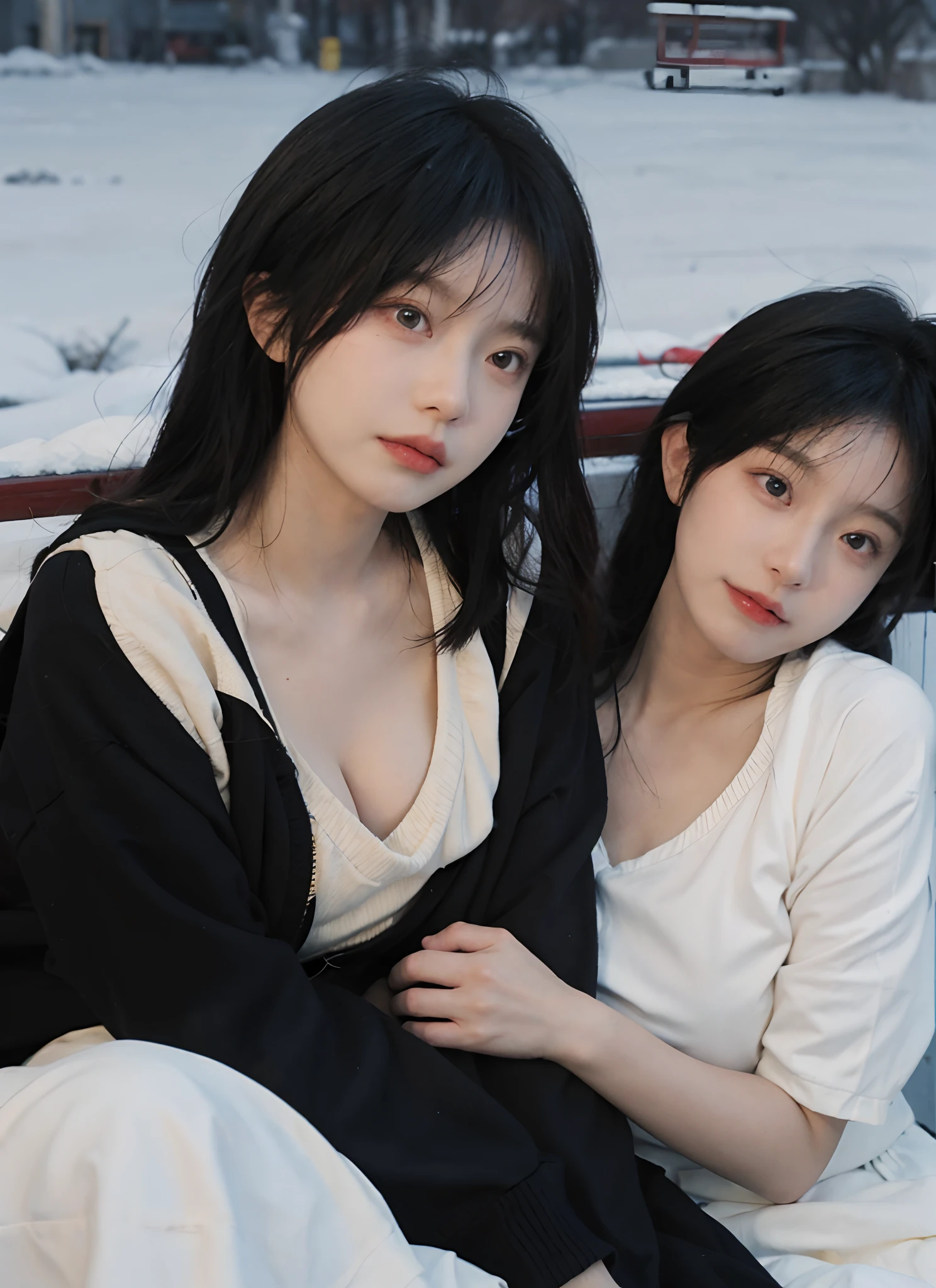 best qualtiy, 超高分辨率, (realisticlying:1.4), one-girl, A pair of eyes as clear as snow,Royal Sister,Black long straight,yellow school uniforms, (big cleavage breasts:1.3), looking at viewert, closeup cleavage ,