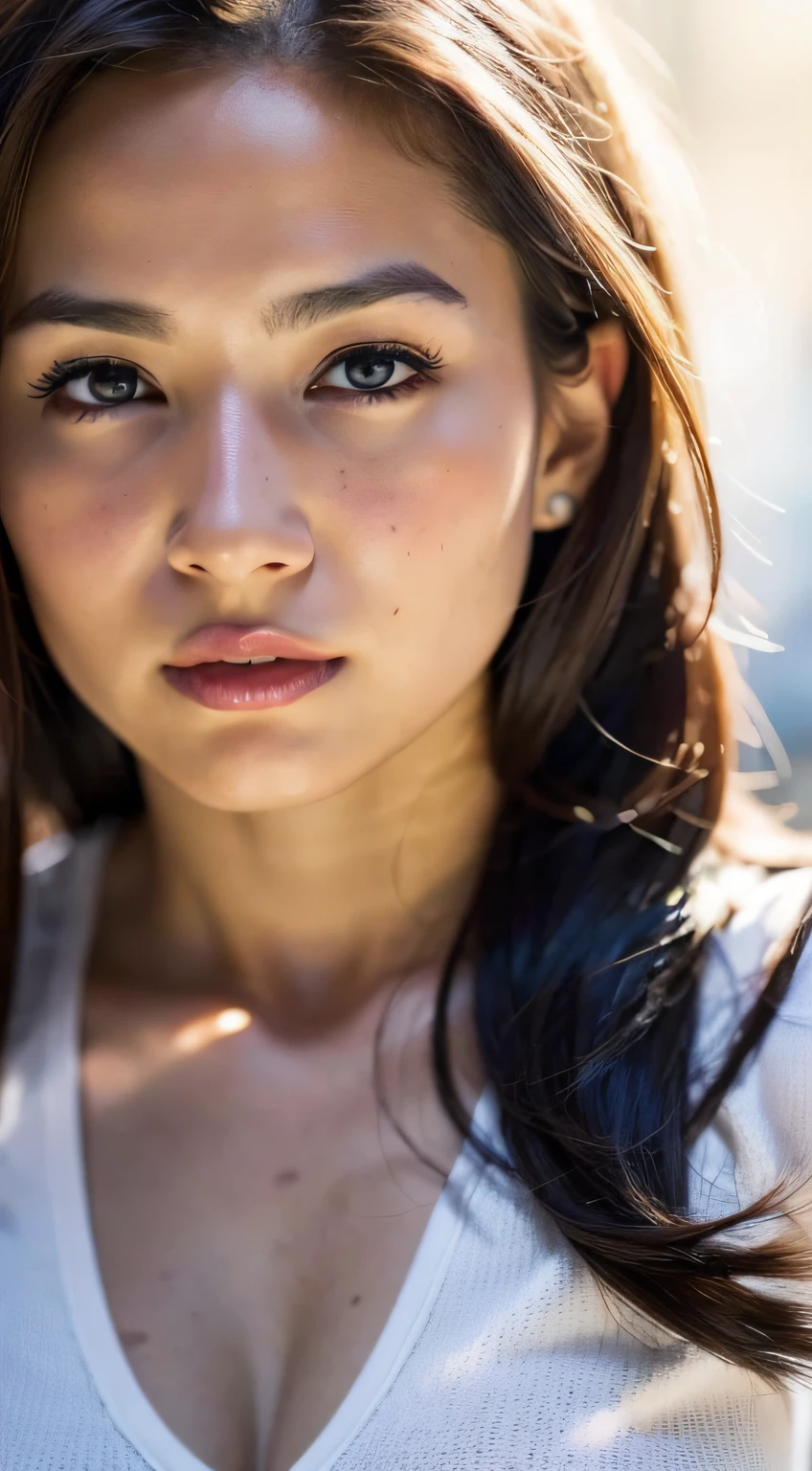 dressed, (photo realistic:1.4), (hyper realistic:1.4), (realistic:1.3), (smoother lighting:1.05), (increase cinematic lighting quality:0.9), 32K, 1girl,20yo girl, realistic lighting, backlighting, light on face, ray trace, (brightening light:1.2), (Increase quality:1.4), (best quality real texture skin:1.4), finely detailed eyes, finely detailed face, finely quality eyes, (tired and sleepy and satisfied:0.0), face closeup, t-shirts, (Increase body line mood:1.1), (Increase skin texture beauty:1.1)