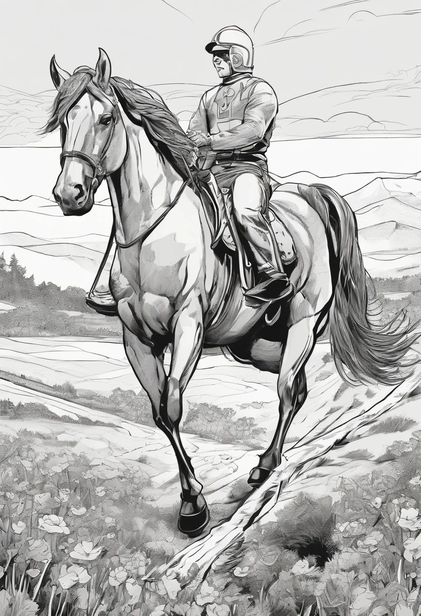 dibujo con lineas en blanco y negro, un caballo en el campo