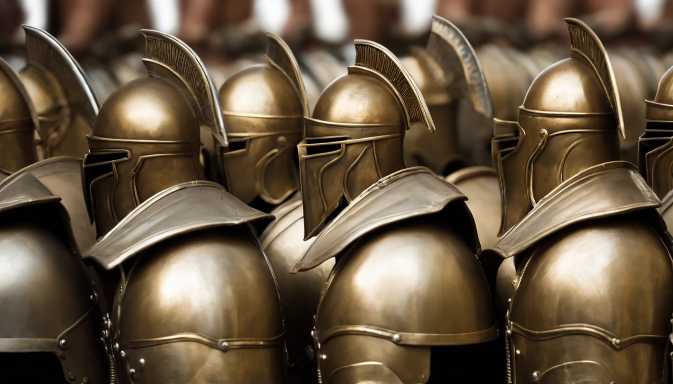 Close-up of a row of helmets with several spears, Lead Sparta into battle, Dressed in frugal armor, Complex guards, Greek armor, Decorated armor of ancient Greece, Bronze Greek armor, traditional roman armor, Trojan War, Gladiator Armor, In thick full bronze armor, by Matt Stewart, dressed in roman armour, by Kristian Kreković, greek