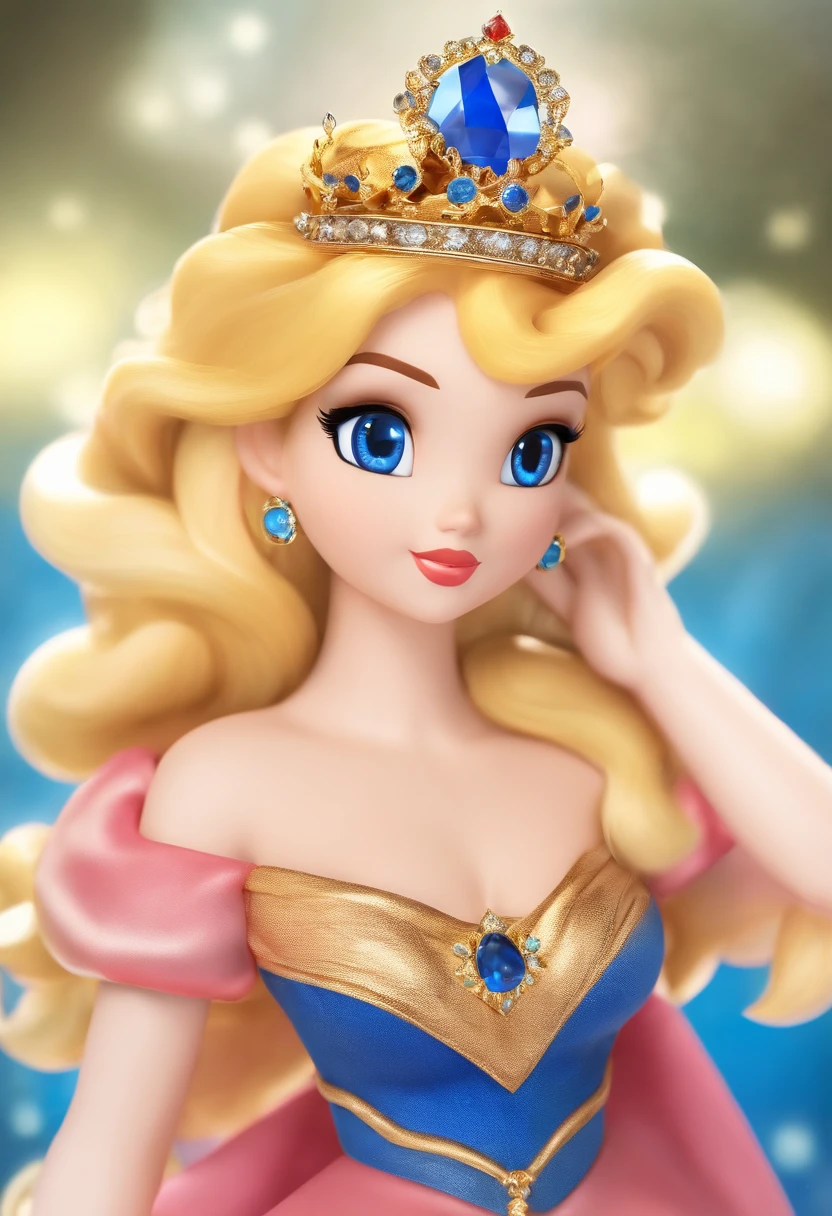 Princess peach from Mario. She’s wearing her gold crown with blue round gems. Blonde hair. Blue eyes that sparkle. High quality.