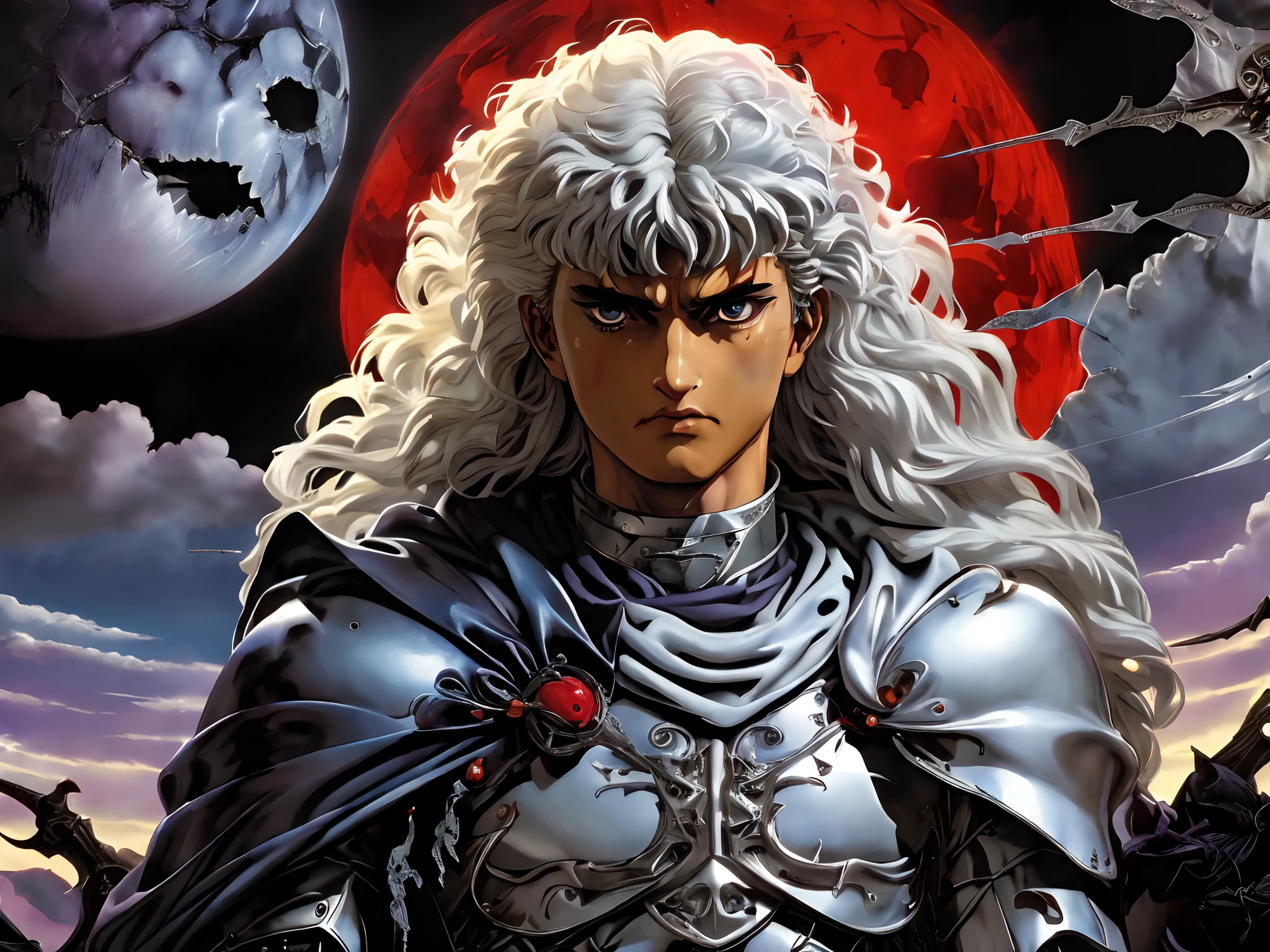 um close up de uma pessoa com uma espada e armadura, Griffith, Berserk, Griffith, de Furioso, Estilo de arte Berserk, Furious manga, sangue de Furioso, Estilo Berserk, Furioso, em Berserk Manga, Retrato de Guts de Berserk, Artista Katsuhiro Otomo, Kastuhiro Otomo, Bastien Yoshitaka Amano