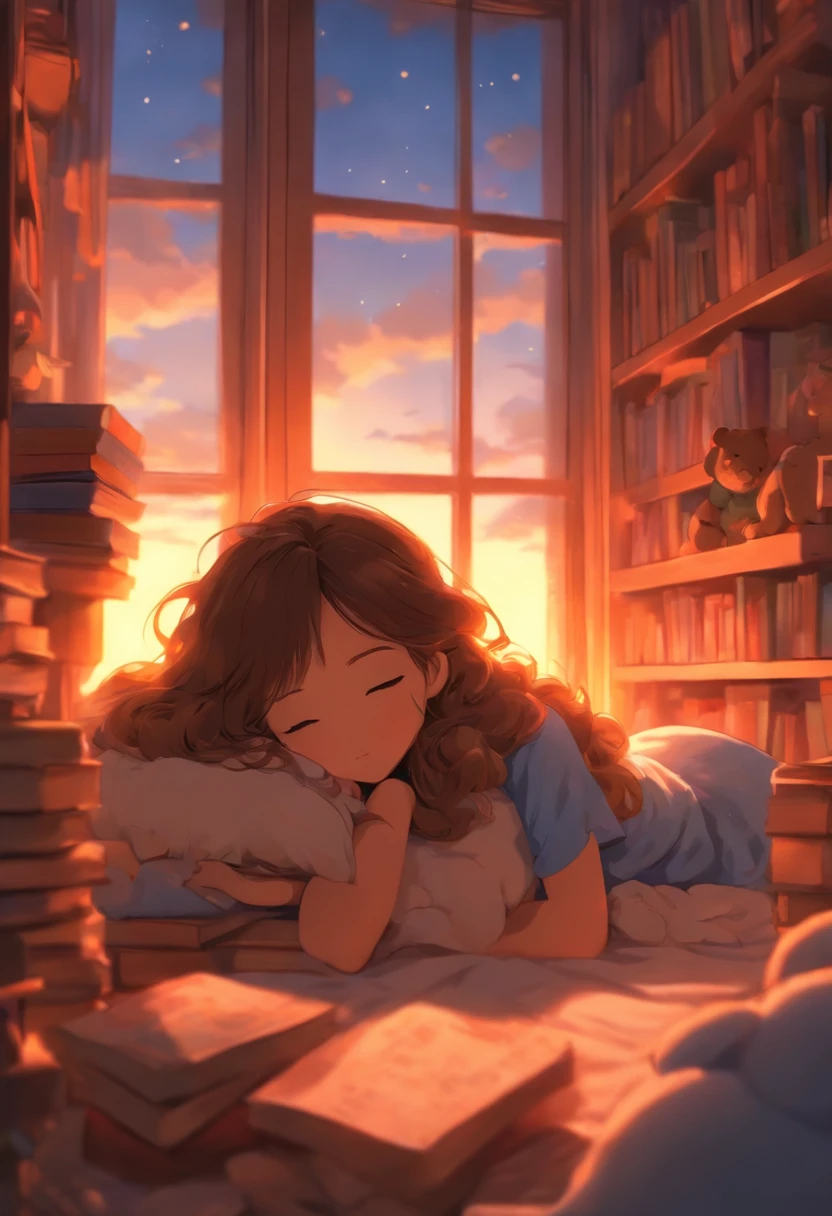 Sleeping girl, Brown hair, blue puffy nightgown, Brown comfortable room,Shelves full of books,sunset thru nearby window,dim lighting,stuffed animals,pillows