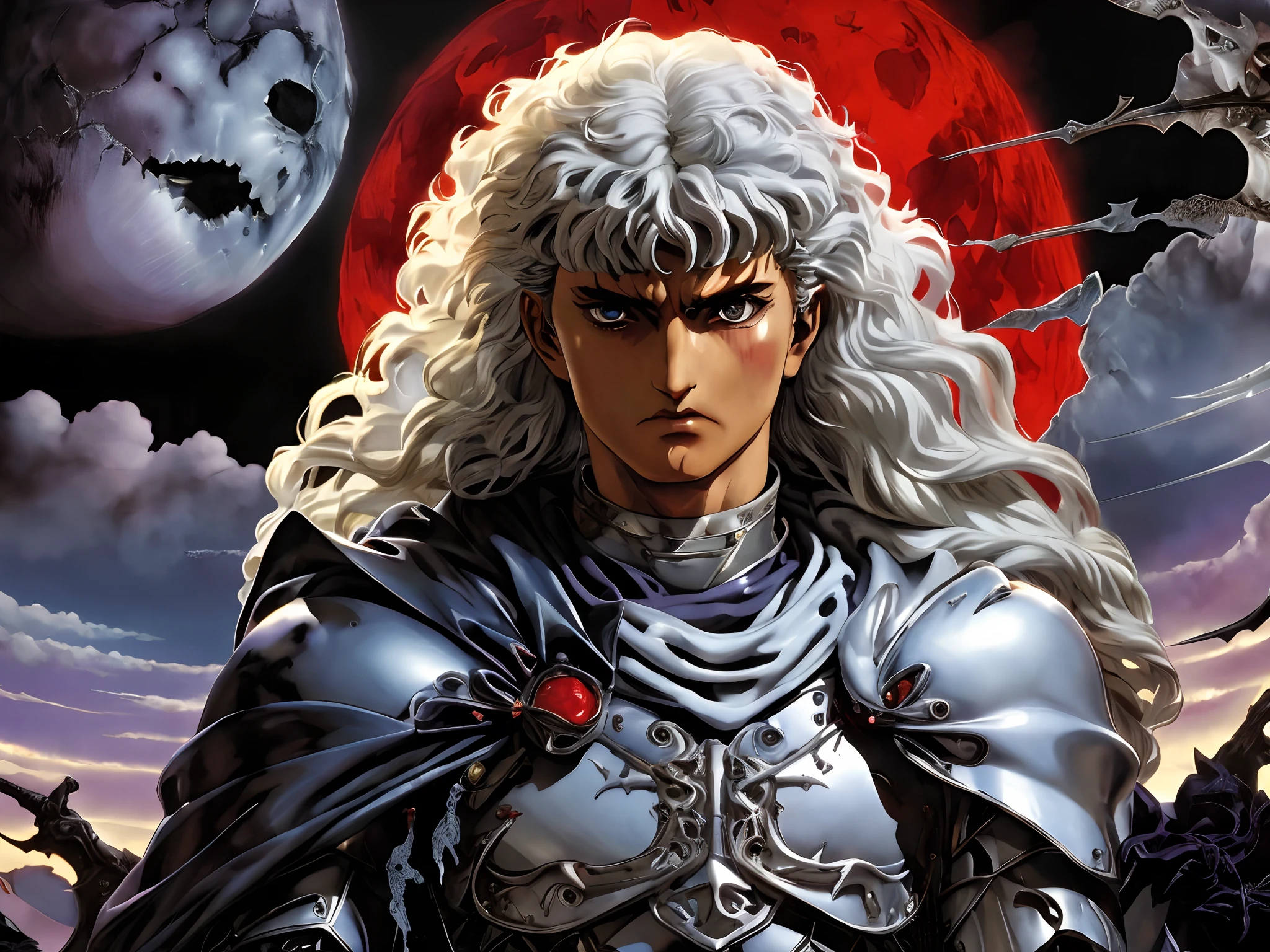 um close up de uma pessoa com uma espada e armadura, Griffith, Berserk, Griffith, de Furioso, Estilo de arte Berserk, Furious manga, sangue de Furioso, Estilo Berserk, Furioso, em Berserk Manga, Retrato de Guts de Berserk, Artista Katsuhiro Otomo, Kastuhiro Otomo, Bastien Yoshitaka Amano