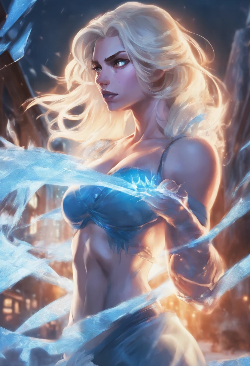 Closeup photograph, (best quality,highres,masterpiece:1.2),ultra-detailed,realistic:1.37,sexy girl with superpowers, stunning blue eyes, long icy blonde hair, fierce expression, icy breath, frost patterns on skin, Hypermuscular, huge breasts, shimmering frost aura, cool blue lighting, dark and mysterious background, intense stare, captivating beauty, icy blue nails, frozen environment, powerful and confident posture, superheroine, frozen shards floating in the air, dynamic movement, frosty makeup, cold and chilling atmosphere, seductive charm, dangerous and alluring, icy cold powers, frosty touch, the embodiment of winter, chilly embrace, enchanting presence.street at night, photorealistic, cinematic lighting