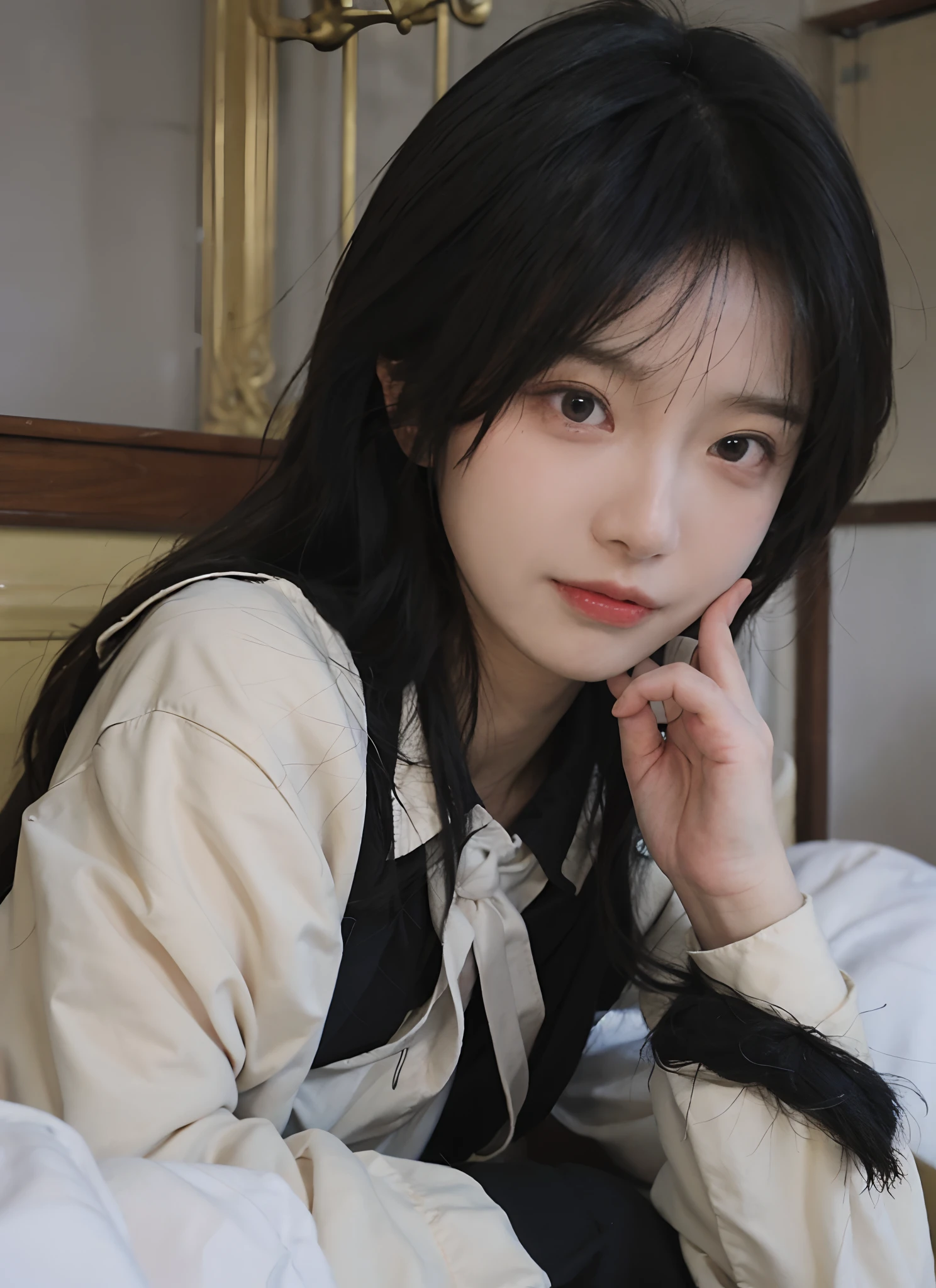 best qualtiy， 超高分辨率， （realisticlying：1.4）， one-girl， A pair of eyes as clear as snow,Royal Sister，Black long straight，yellow school uniforms， （big cleavage breasts：1.3）， looking at viewert， closeup cleavage ，