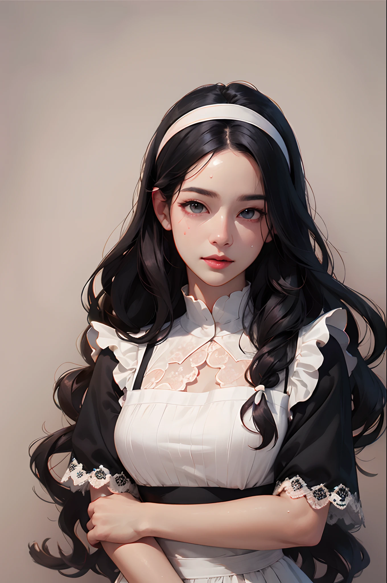 maid clothes Long black hair FULL BODYSHOT White lace headband White lace apron white garter stockings No bangs Wavy Hair Bangs center parting Beautiful facial features Frontal shot Full-body image 8K picture quality、top-quality、masutepiece,white stockings,white backgrounid,Long black hair,Wavy Hair,Large breasts,Front-facing,An ultra-high picture quality、ultra - detailed、Ultra-realistic hair quality、Vibrant colors,Sweaty forehead and cheeks、soft pink lips、Red cheeks、full bodyesbian、9 heads and 8K image quality、top-quality、masutepiece,white stockings,white backgrounid,((maid clothes)),Long black hair,Wavy Hair、unclear,Front-facing,An ultra-high picture quality、ultra - detailed、Ultra-realistic hair quality、Vibrant colors,Sweaty forehead and cheeks、soft pink lips、Red cheeks、full bodyesbian、9 head body white backgrounid anime image