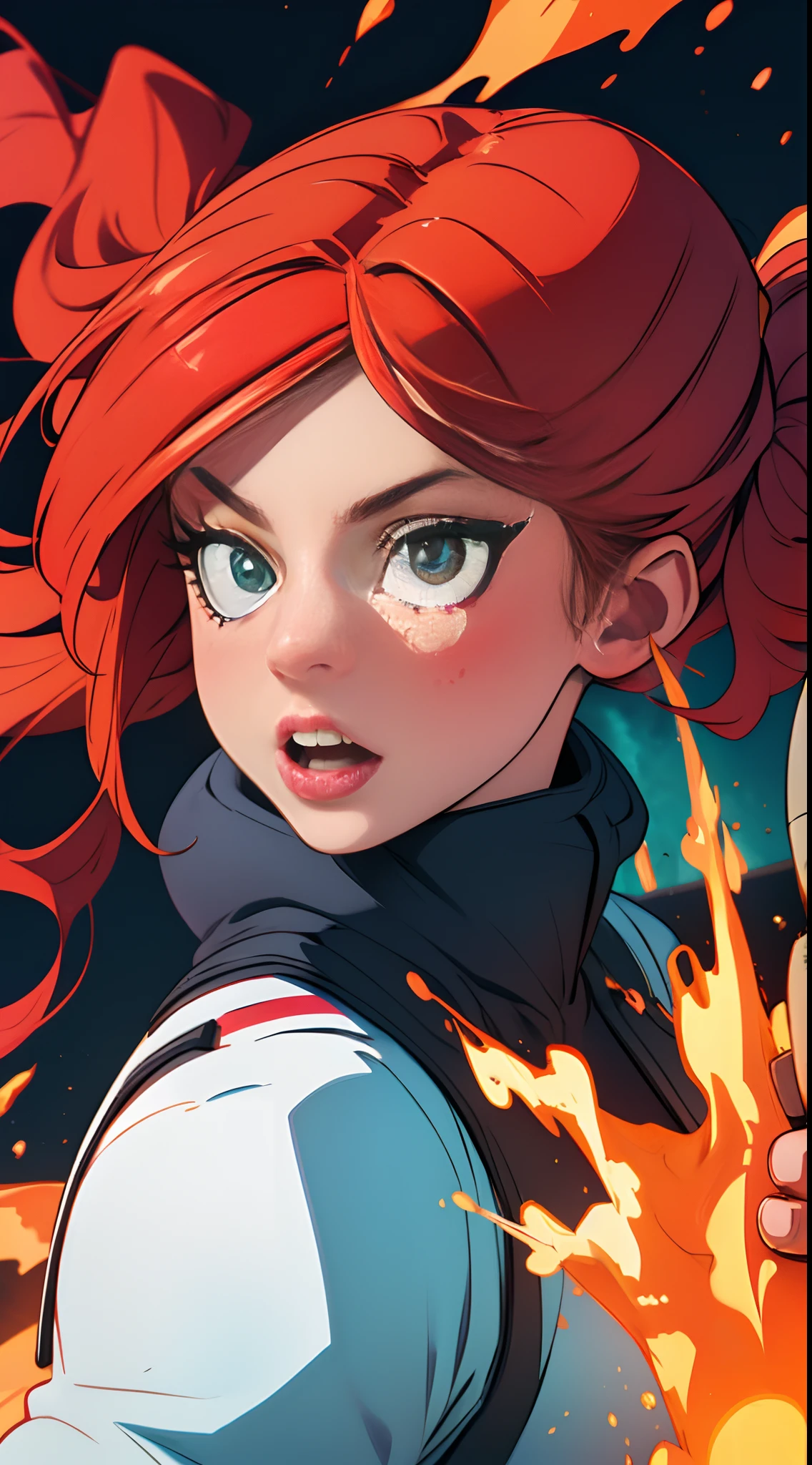 african american my hero academia girl with white strip in red hair using lava powers