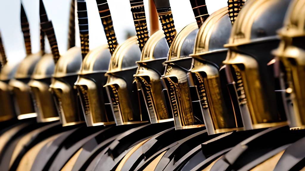 Close-up of a row of helmets with several spears, Lead Sparta into battle, Dressed in frugal armor, Complex guards, Greek armor, Decorated armor of ancient Greece, Bronze Greek armor, traditional roman armor, Trojan War, Gladiator Armor, In thick full bronze armor, by Matt Stewart, dressed in roman armour, by Kristian Kreković, greek