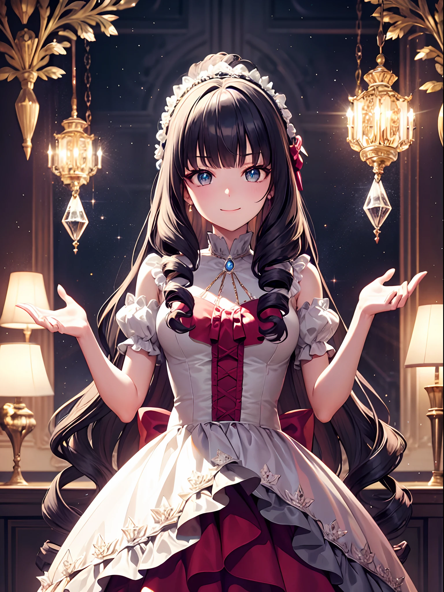 Dramatic composition, court-style dresses, royal, gorgeous, cascading frills, ruffles, bows, crystal chandeliers, Roman curly hairstyles, ponet, double ponytails like drills, look at the camera, bangs, maximalism, palatial background, delicate portrayal of hair and eyes, princess dresses, gorgeous skirts, flowers in hand, smiles, starry eyes, cinematic light, extreme detail, high definition, happy girl, very long hair, diamonds, broken diamonds, crystal fragments, light particles