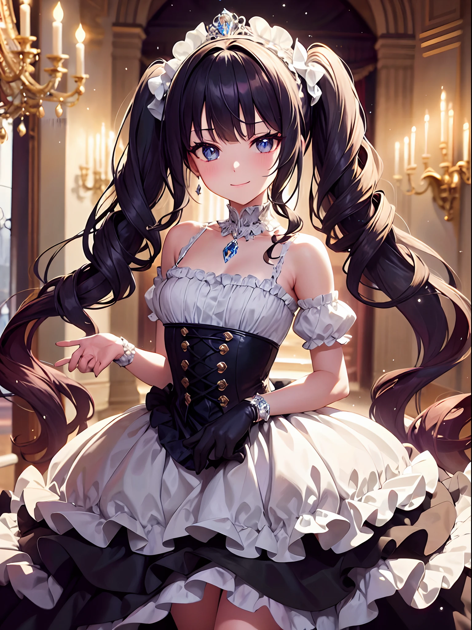 Dramatic composition, court-style dresses, royal, gorgeous, cascading frills, ruffles, bows, crystal chandeliers, Roman curly hairstyles, ponet, double ponytails like drills, look at the camera, bangs, maximalism, palatial background, delicate portrayal of hair and eyes, princess dresses, gorgeous skirts, flowers in hand, smiles, starry eyes, cinematic light, extreme detail, high definition, happy girl, very long hair, diamonds, broken diamonds, crystal fragments, light particles